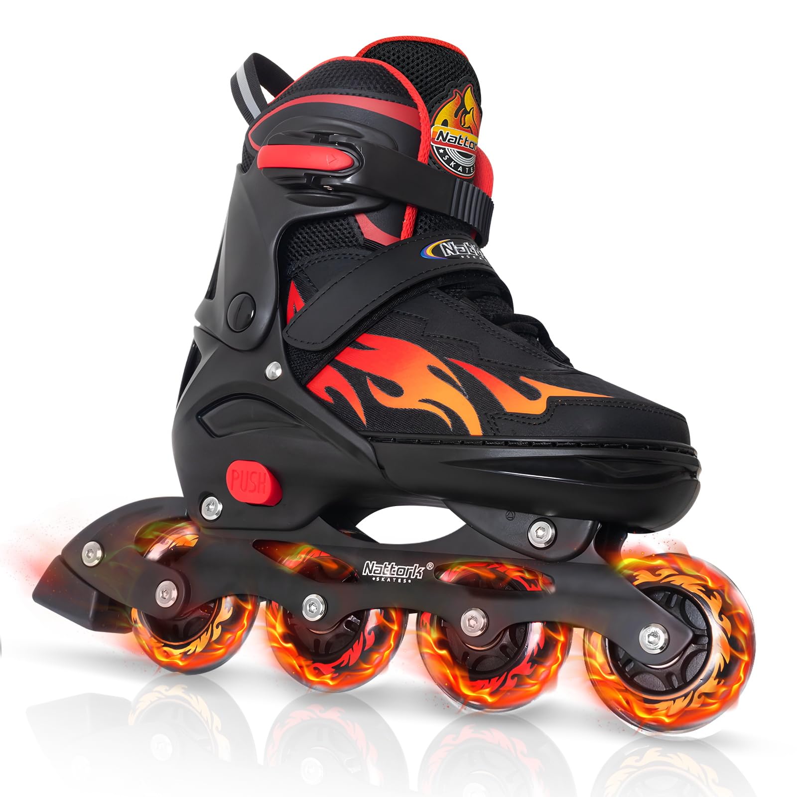 Nattork Adjustable Inline Skates for Kids and Teens, Nezha Inferno Skates Indoor and Outdoor Blades Roller Skates with 8 Light Up Wheels for Boys Girls Aged 4-16, Adult Women Beginners Flame Style