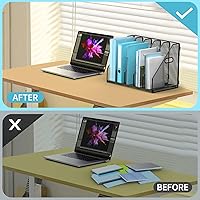 Vista 4 de Desk File Organizer Metal Desk Magazine Folder Holder with 5 Vertical Compartments Rack File Organizer for Office, Home, School, Black