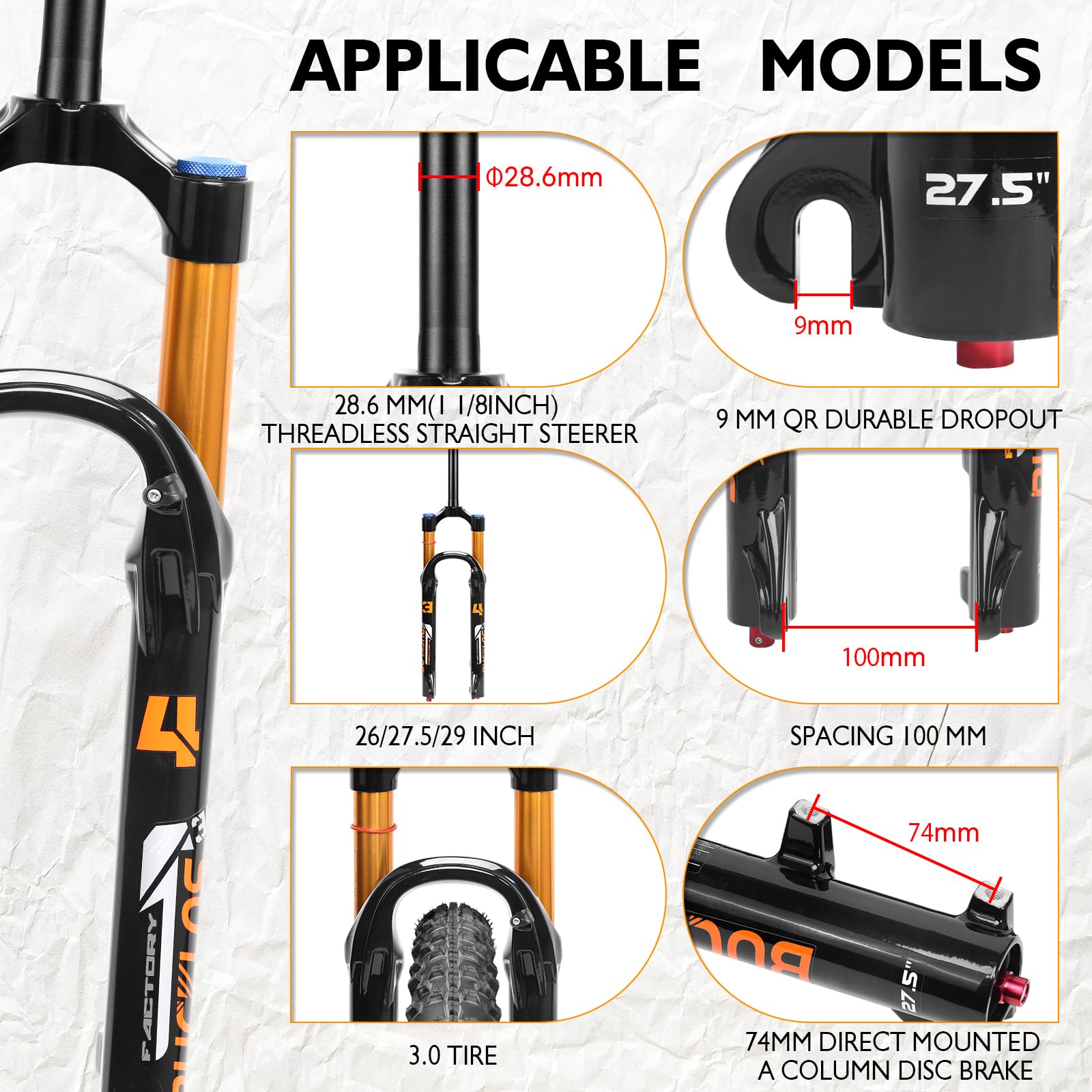 Fourche à suspension pneumatique pour VTT 26/27,5/29", 140 mm, réglage du rebond 34 mm, barres 1-1/8" sans filetage droites 9 x 100 mm QR verrouillage manuel XC AM fourche avant de vélo de