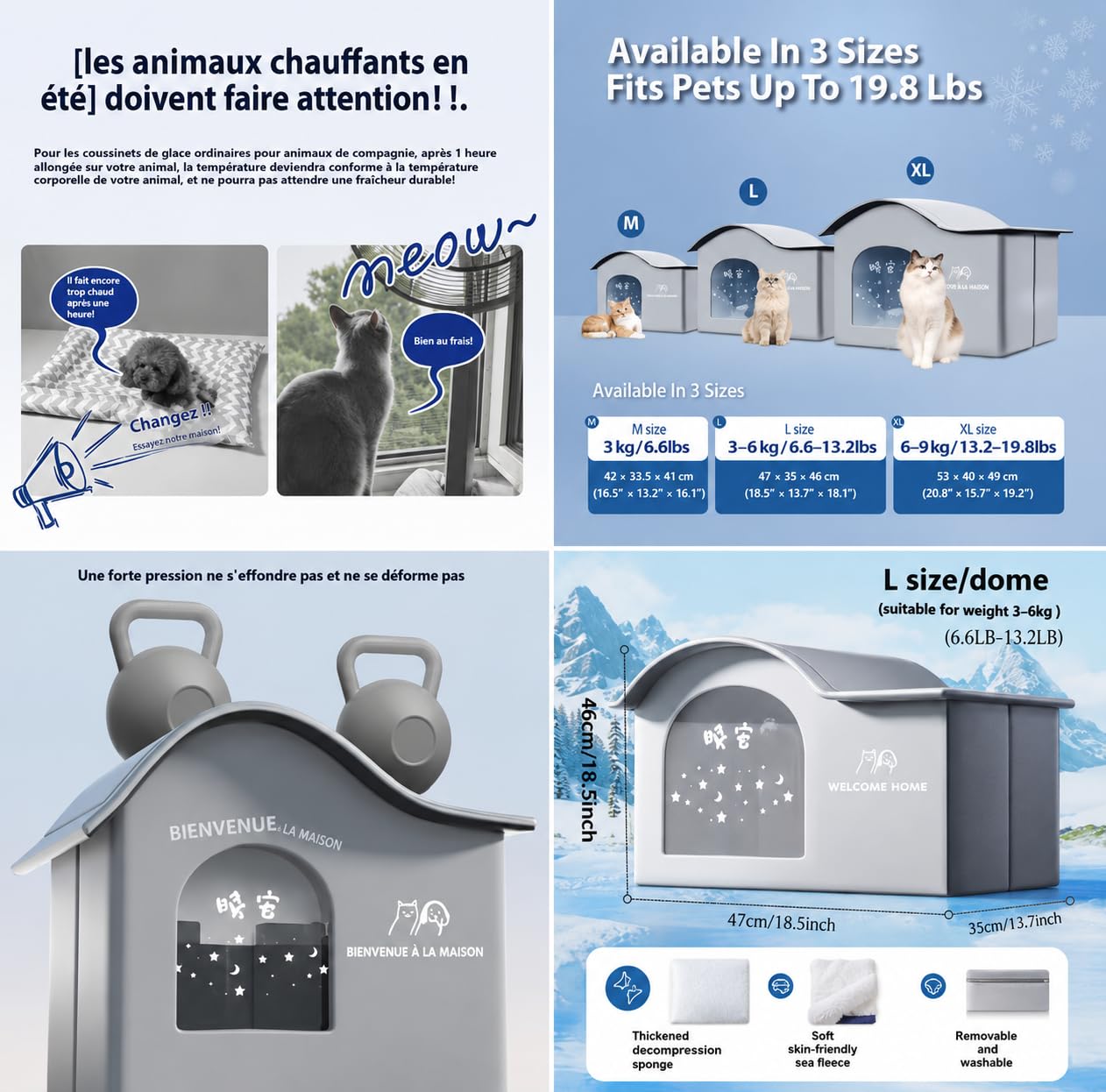 Maison Rafraîchissante pour Chat et Petit Chien – Lit Climatisé avec Poches pour Blocs de Glace – Niche Fraîche Pliable en Tissu Oxford – Couchage Été Anti-Chaleur Taille L
