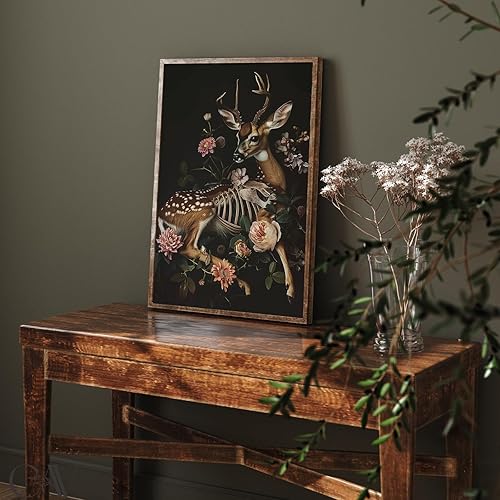 Miniatura 5 de Eeuqiauot Arte de pared de animales góticos, póster de academia oscura, lienzo vintage con estampado de ciervos, estampado de ciervos con flores,