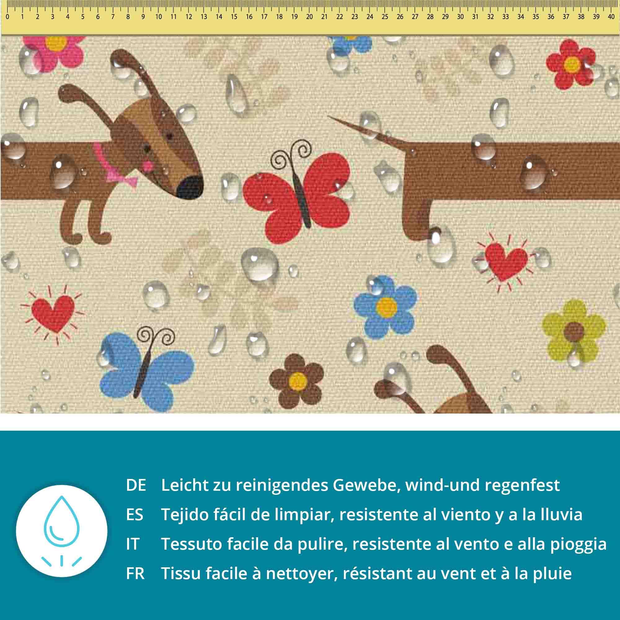 DreamRoots Tessuto Impermeabile Oxford 600D, Venduto Al Metro, Larghezza 160cm, 220g/m², Per Cuscini Esterni E Fai Da Te - Funny Dogs, 1 Metro - 2