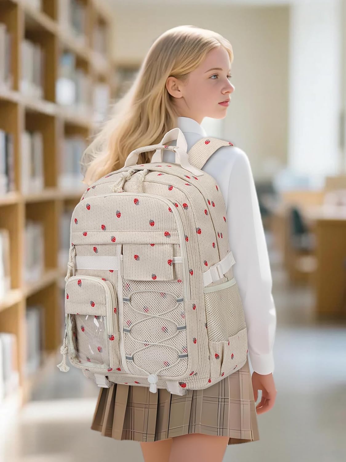 Octsky Cute Backpack for Teens Girls Women, Corduroy School Backpacks Kids Elementary Middle High Bookbag, Strawberry Beige