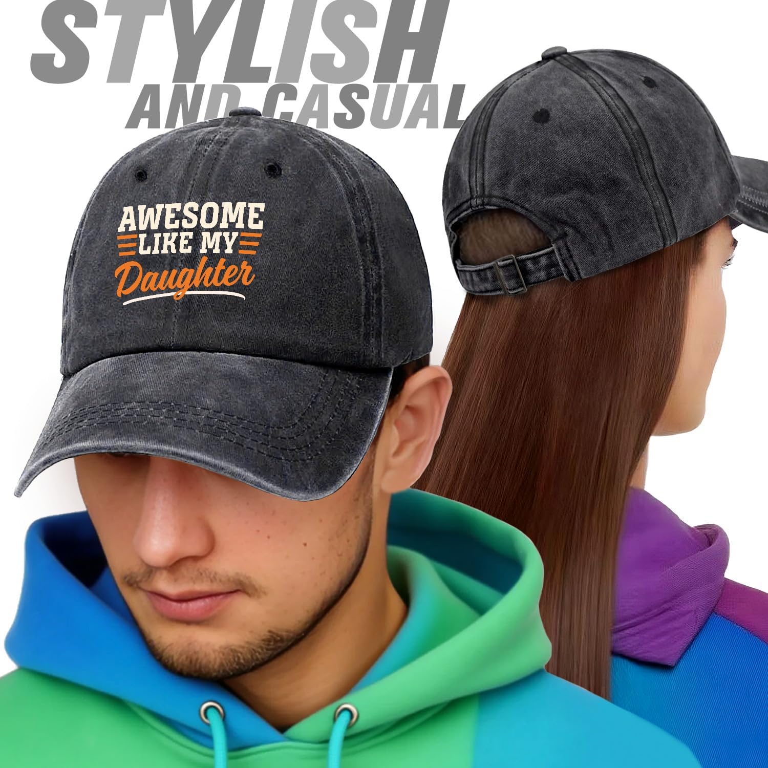 Awesome Like My Daughter Funny Retro Washed Cotton Baseball Cap, Adjustable Lightweight and Breathable Unisex Outdoor Sun Hat, Fathers Day Birthday Gifts for Dads from Daughter Wife Son Black - Image 4