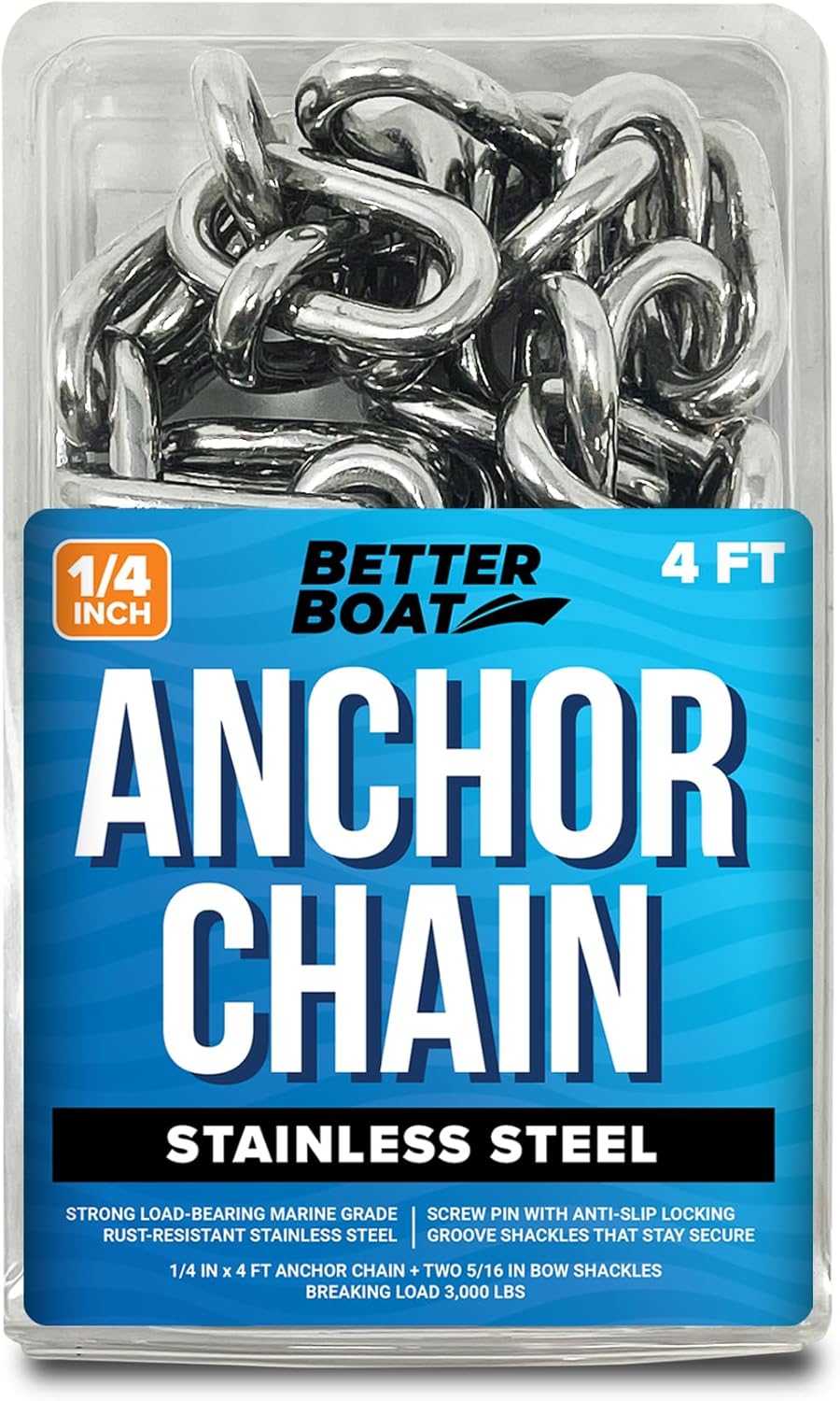 Stainless Steel Anchor Chain, Boat Anchor Chain, Anchor Chains for Boats, Stainless Anchor Chain, Double Boat Anchor Shackle Link Ends Marine Grade Boat Accessories 4 FT x 1/4"