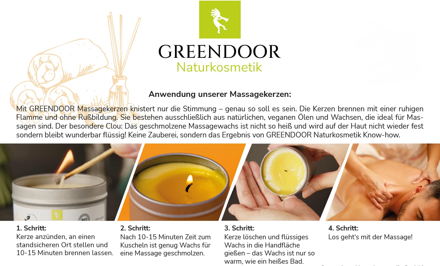 GREENDOOR MASSAGE SPAR-SET 5 vegane Natur Massagekerzen, 500ml, BIO Sojawachs und BIO Öle, natürlich ohne Tierversuche, warmes Massage-Öl Naturkosmetik Massagen, Geschenke Geschenk-Set
