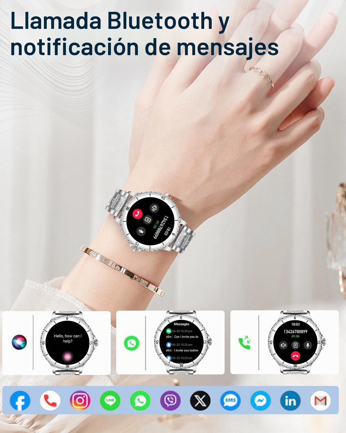 Reloj Inteligente Mujer con Llamadas, 1.27'' Smartwatch Mujer con Correa de Diamante, Compatible con Android/iOS, IP68 Impermeable Smart Watch Redondo con 120+ Deportes SpO2 Sueño Podómetro, Plata