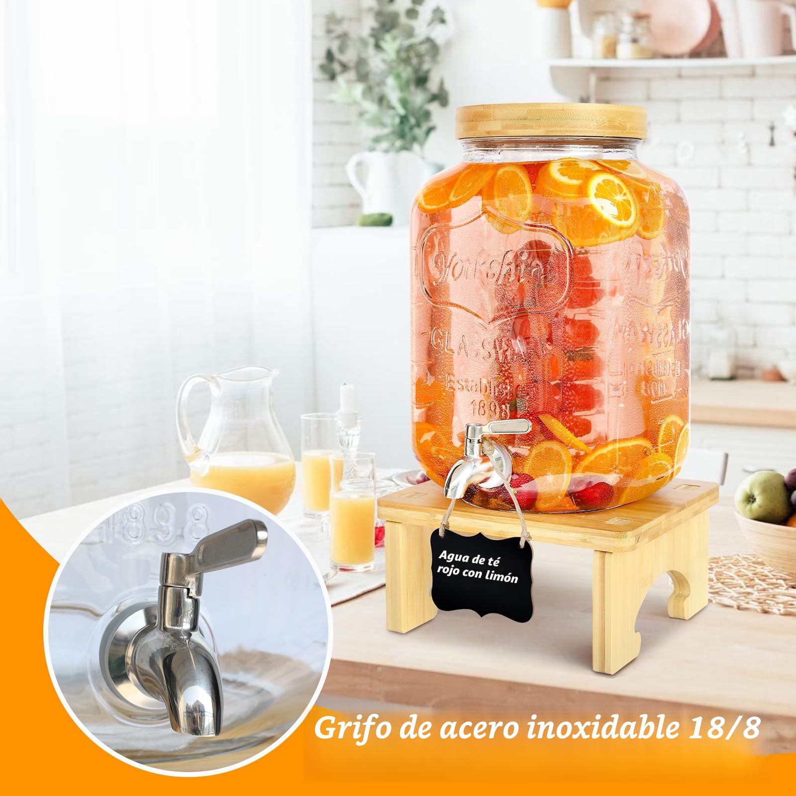 Dispensador de bebidas con soporte, dispensador de bebidas de cristal con grifo de acero inoxidable sólido para zumos helados, agua, bebidas caseras, fiestas, bodas