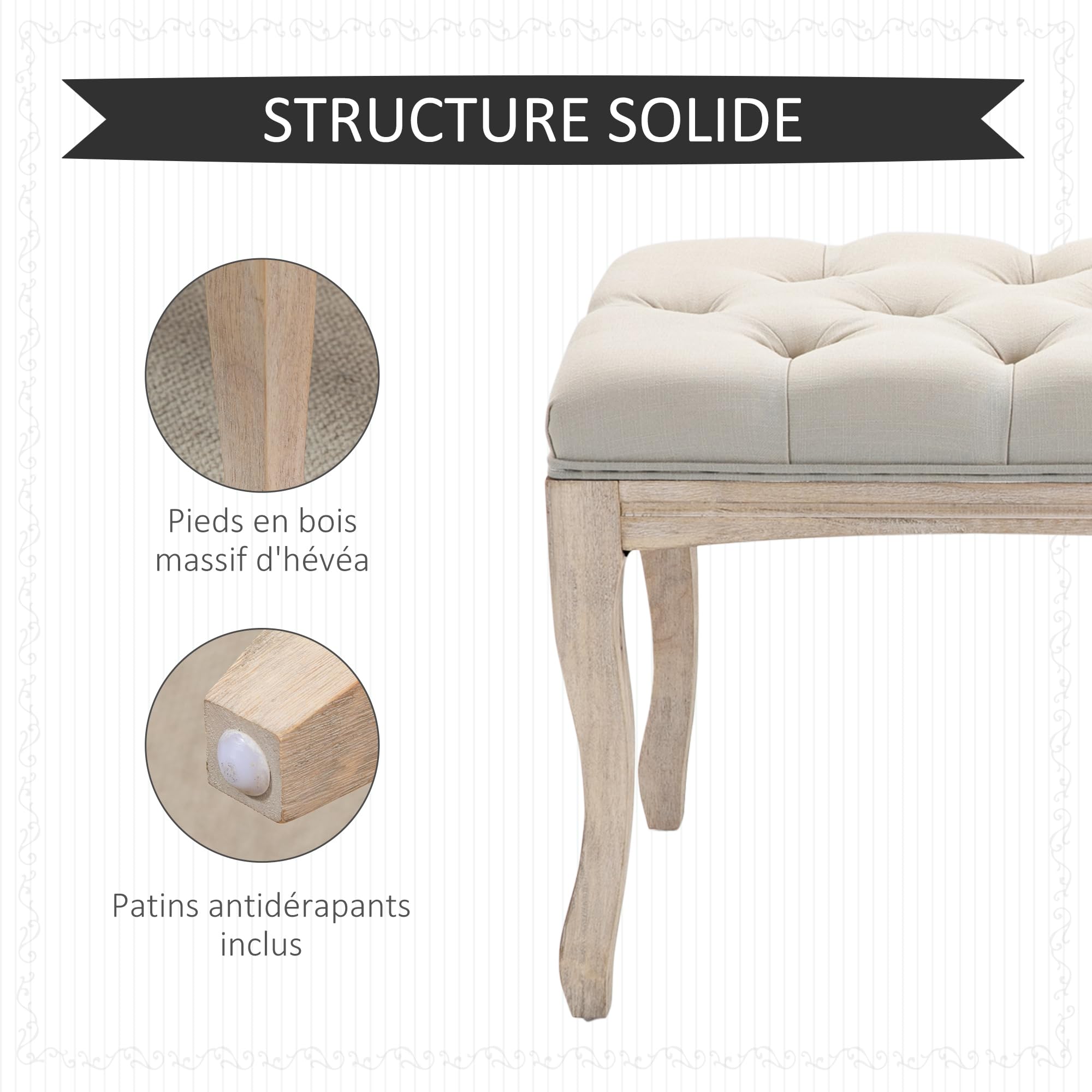 HOMCOM Banc Banquette capitonnée Style Classique 110 cm Bout de lit Rembourrée en Lin piètement Bois hévéa sculpté Lin Beige