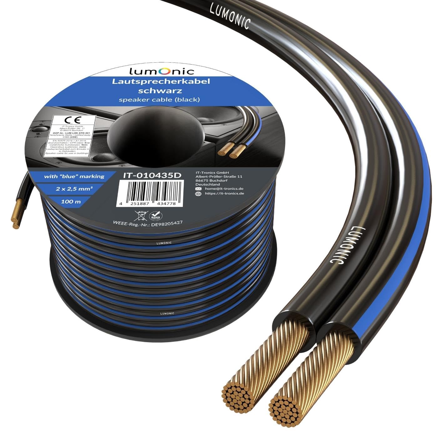Cables de altavoz de 2,5mm² CCA Lumonic negro y línea doble de audio para sonido HiFi 6