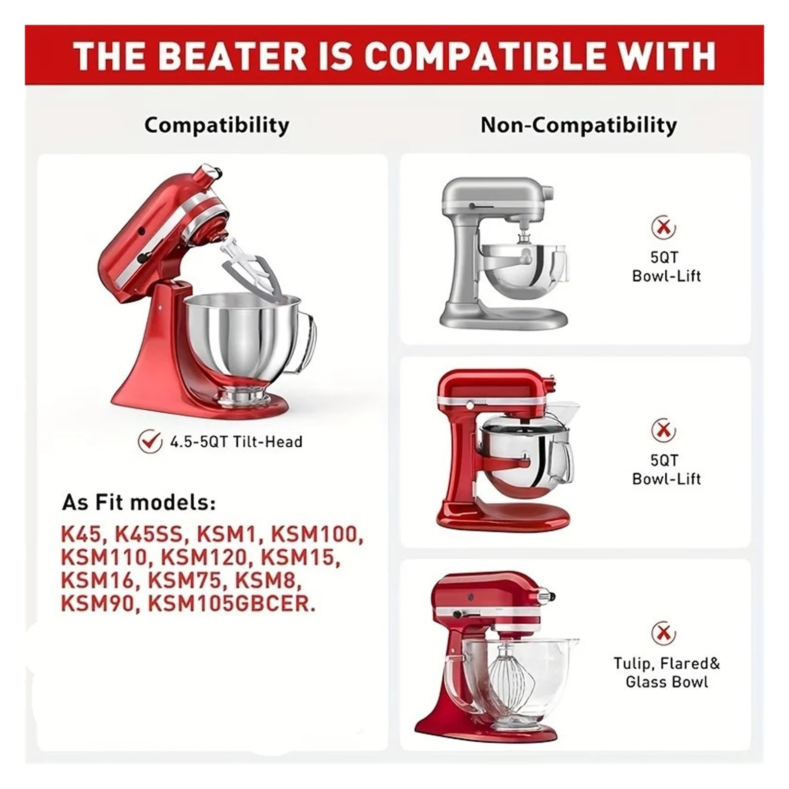 Compatible con KitchenAid, tazón for mezclar de acero inoxidable 4.5/5QT
