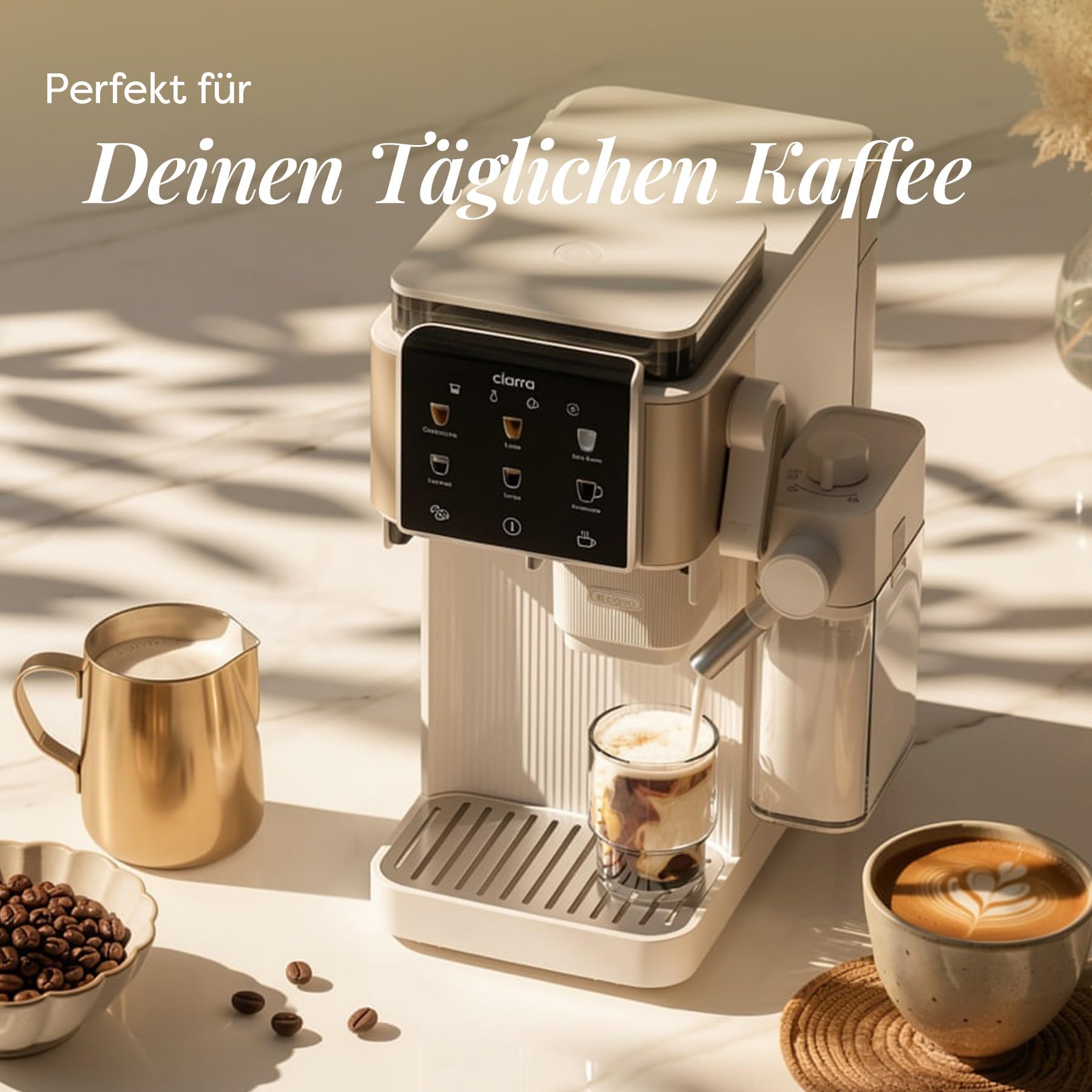 CIARRA CBSACM-D6 Kaffeemaschine mit Mahlwerk und Milchaufschäumer 15 Bar | Semi-automatische Espressomaschine mit automatisches Mahlen Tampen & Brühen, für Espresso Cappuccino, Farb-Touchdisplay
