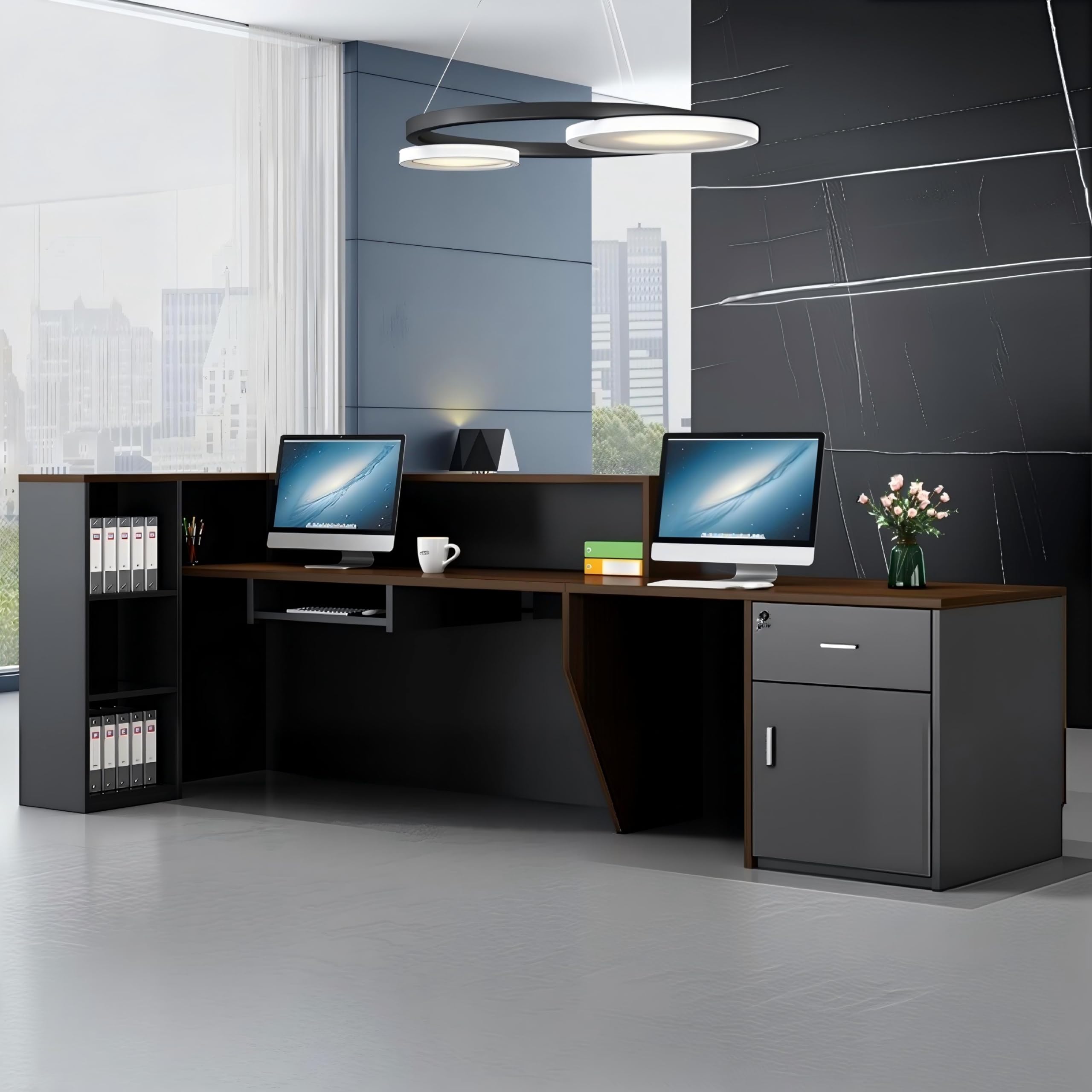 Biurko Recepcyjne W Kształcie Litery L, 280 Cm, Nowoczesne, Minimalistyczne, Z Ladą Recepcyjną, Zamykaną Na Klucz Szafką Z Szufladą I Półką Na Walnut-r 2.8 * 0.6 * 1.05m
