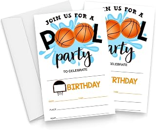 Basketball Pool Birthday Invitations with Envelopes - 20 Pieces Kids Birthday Party Invitations for Boys and Girls - Summer Birthday Party Supplies Decorations - A01