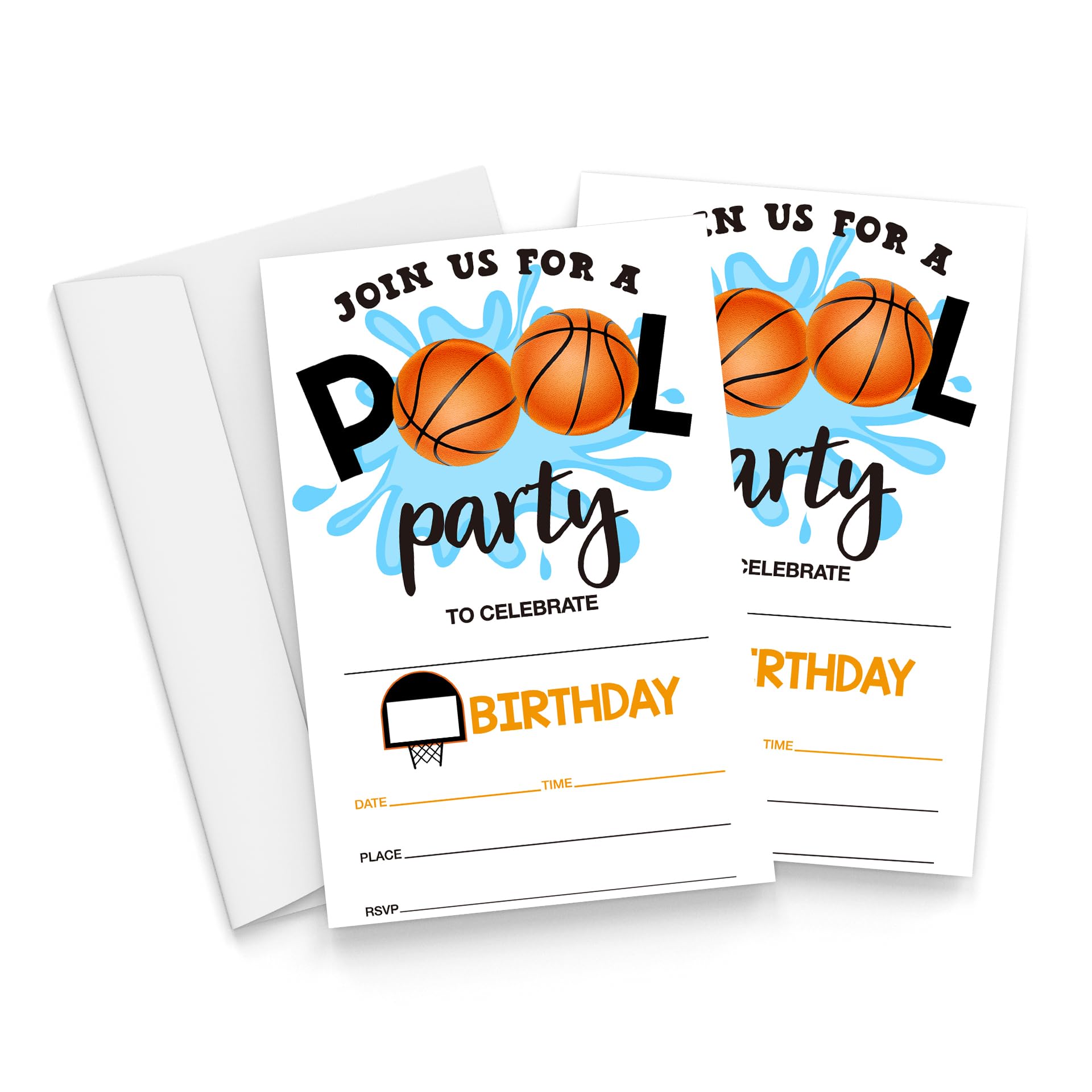 Qiwog Basketball Pool Birthday Invitations with Envelopes - 20 Pieces Kids Birthday Party Invitations for Boys and Girls - Summer Birthday Party