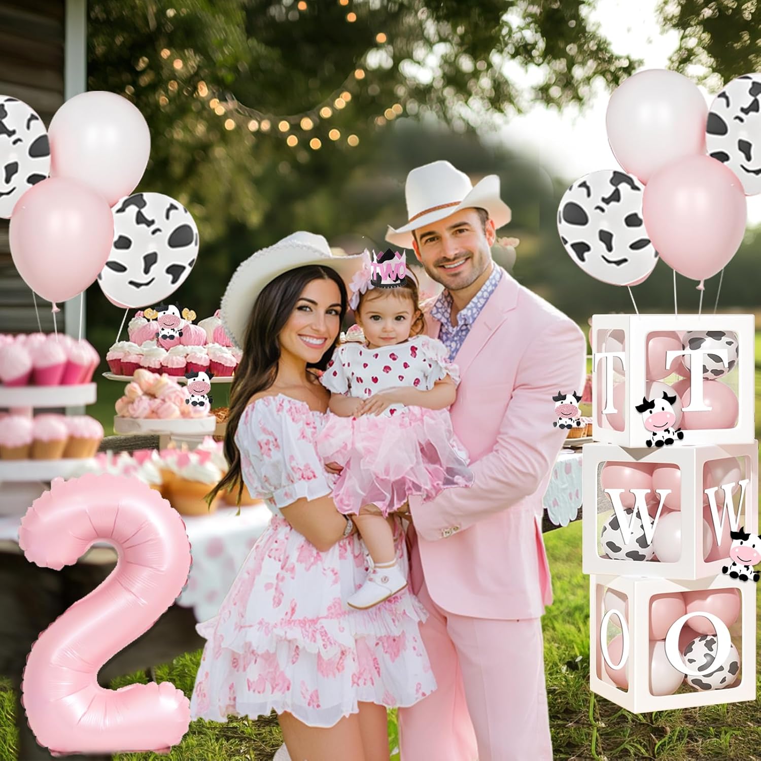 Moo Moo Im Two Birthday Decorations Girl, 2nd Birthday Decorations for Girl, Cow Theme Backdrop Balloon Banner Cake Toppers Boxes Cutout Crown Poster for Girls Two Years Old Party Supplies