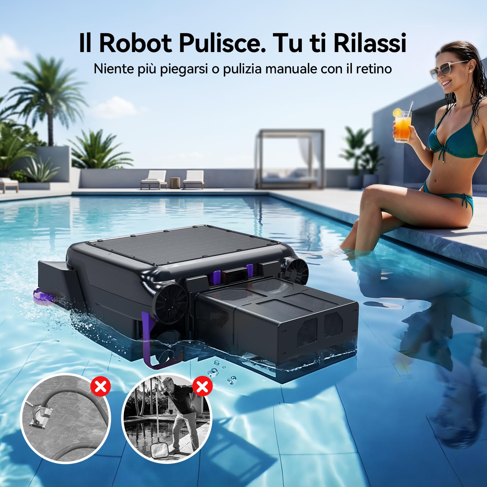 Redkey S500 Robot Skimmer Piscina Solare, Robot Piscina Solare Superficie 24/7, Doppi Motori, Doppio Sistema di Ricarica, Rilevamento Intelligente degli Ostacoli, Sistema di Filtrazione Fine 200µm