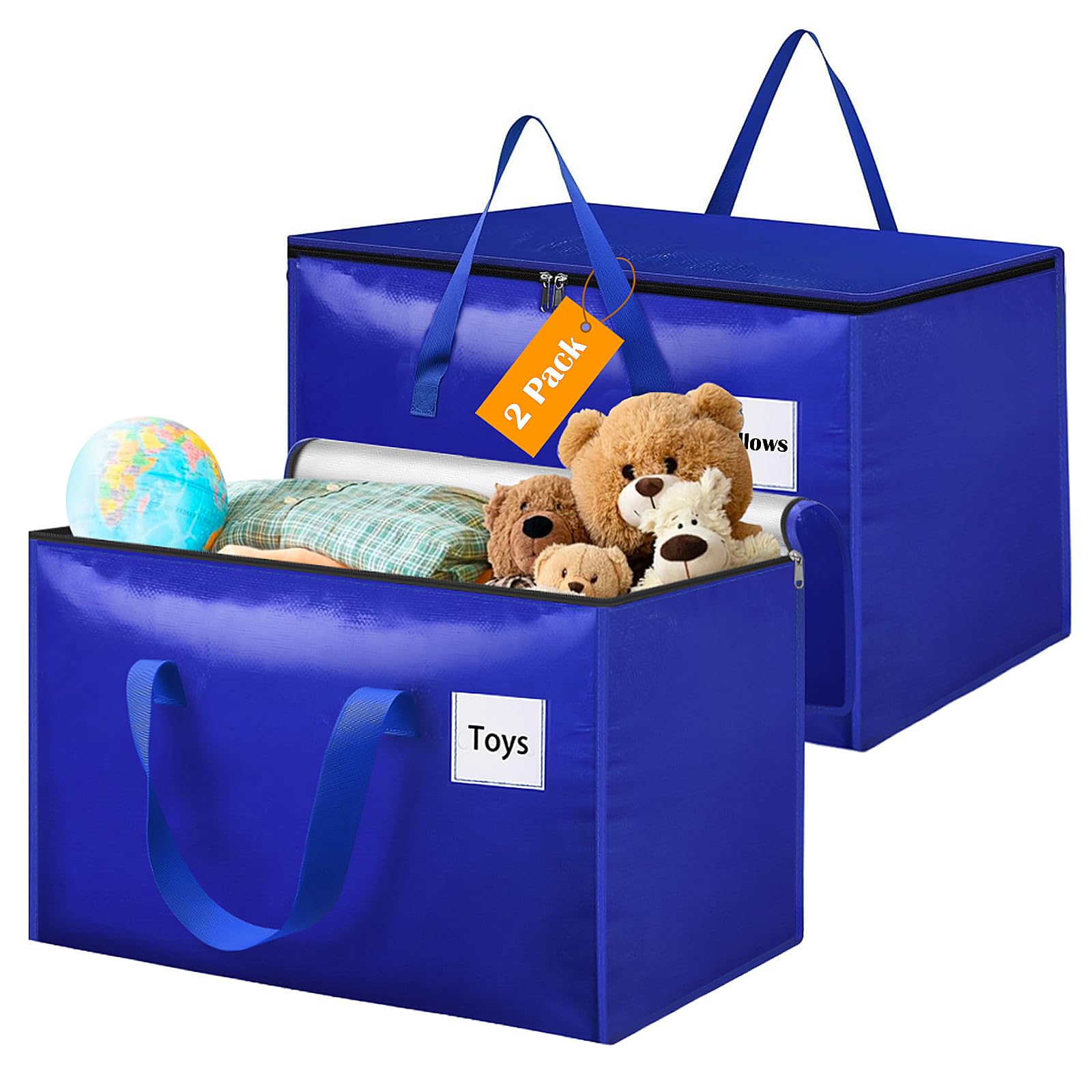 Withosent 100L Grande Bolsa de Almacenamiento, 2 Piezas Impermeable Bolsas de Mudanza con Cremallera y Asa, Bolsas para Guardar Ropa Edredones, Alternativa a Las Cajas de Mudanza, Azul