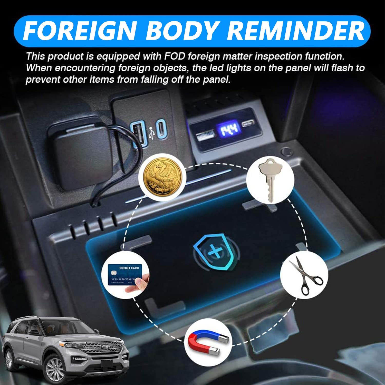 Kabelloses Ladegerät Auto für Ford Explorer Base/XLT/Limited/ST/Platinum/Limited Hybrid 2020-2022, 15W Qi Wireless Schnellladendes Handy-Ladegerät mit QC3.0-USB-Anschluss für iPhone Samsung