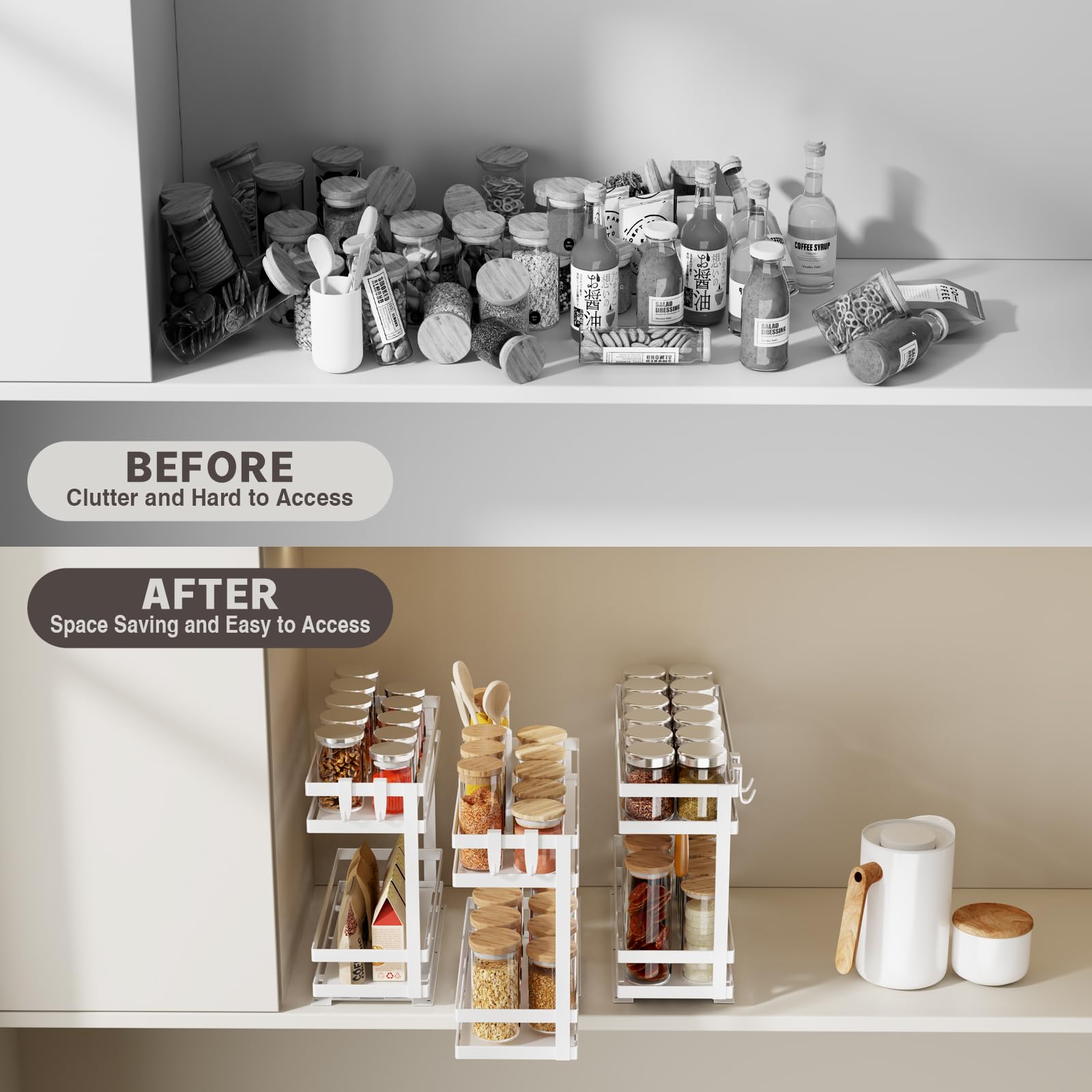 Magheo 2 Piezas Especiero Extraible para Cocina, Metal Organizador Especias No Se Permite La Reunión Organizador de Especias para Alacena Cocina Vertical Spice Rack Sin Taladro(2 Niveles,Blanco)