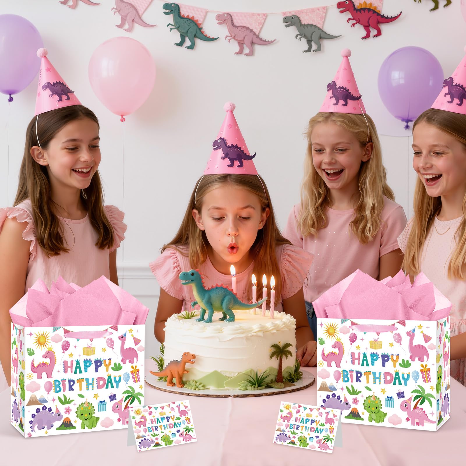 Condition photo showing New/Like New for Pink Dinosaur Birthday Gift Bag for Girls Cute Happy Birthday Wrapping Paper Bag with Greeting Card Tissue Paper Dinosaur Party Favor Bag for Kids Baby Shower Dinosaur Party Decorations Wrap Supplies