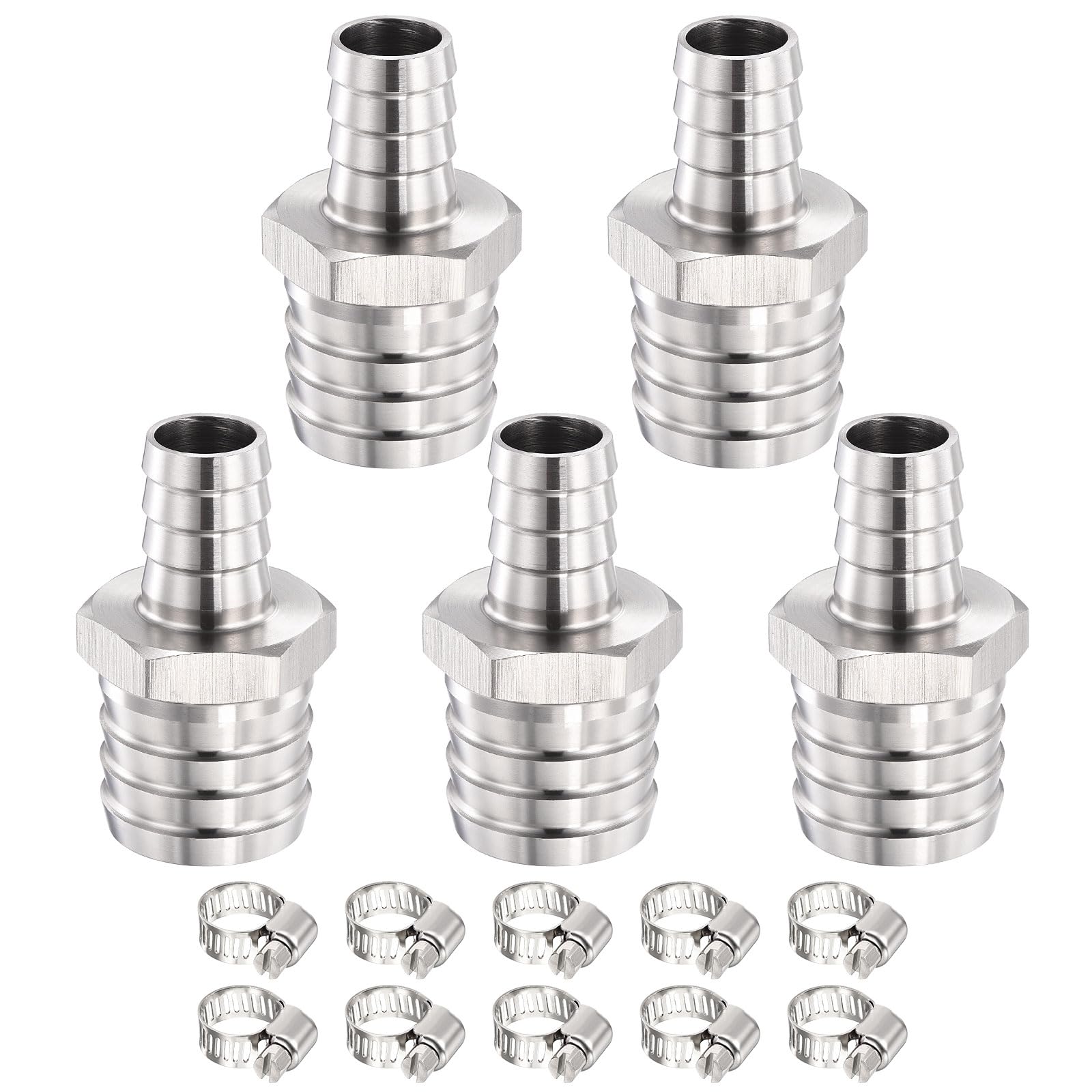 METALLIXITY 5pcs 304 Stainless Steel Hose Barb to Adapter 1/2"(15mm) Barb x 5/16"(8mm) with 10pcs Hose Clamp for Automotive, Motorcycle, Marine, Truck, RV Fuel Systems