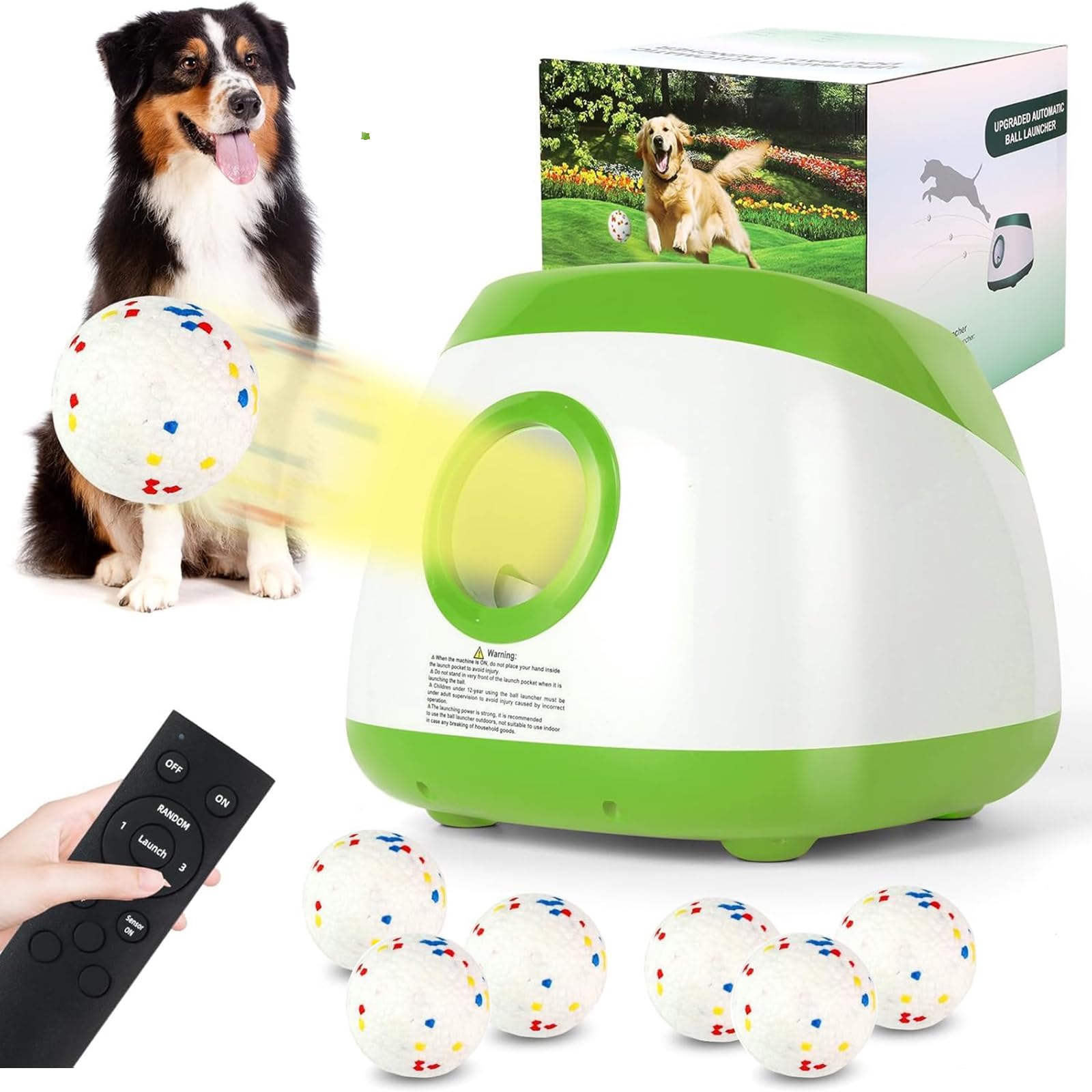 JIGNAY Big Automatic Ball Launcher for Dogs, Automatic Dog Ball Launcher with 3 Distance 26Ft-79Ft, Ball Launcher for Medium&Large Dogs, 6 Etpu Balls Included (Grass Green)