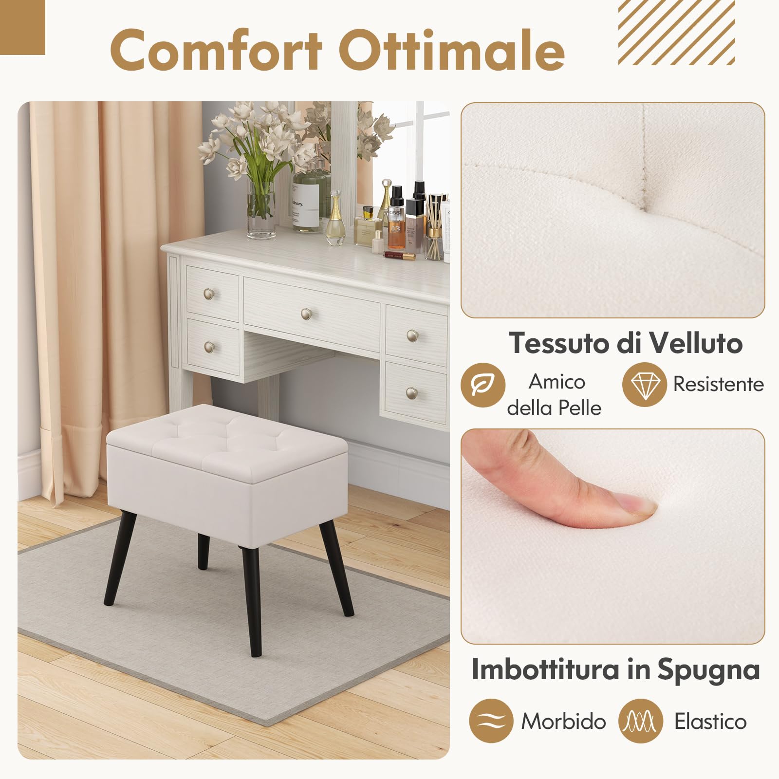 Sgabello Ottomano Imbottito In Finta Pelle Marrone, Gambe In Legno Massello, Retrò, 41x33x44 Cm - 3