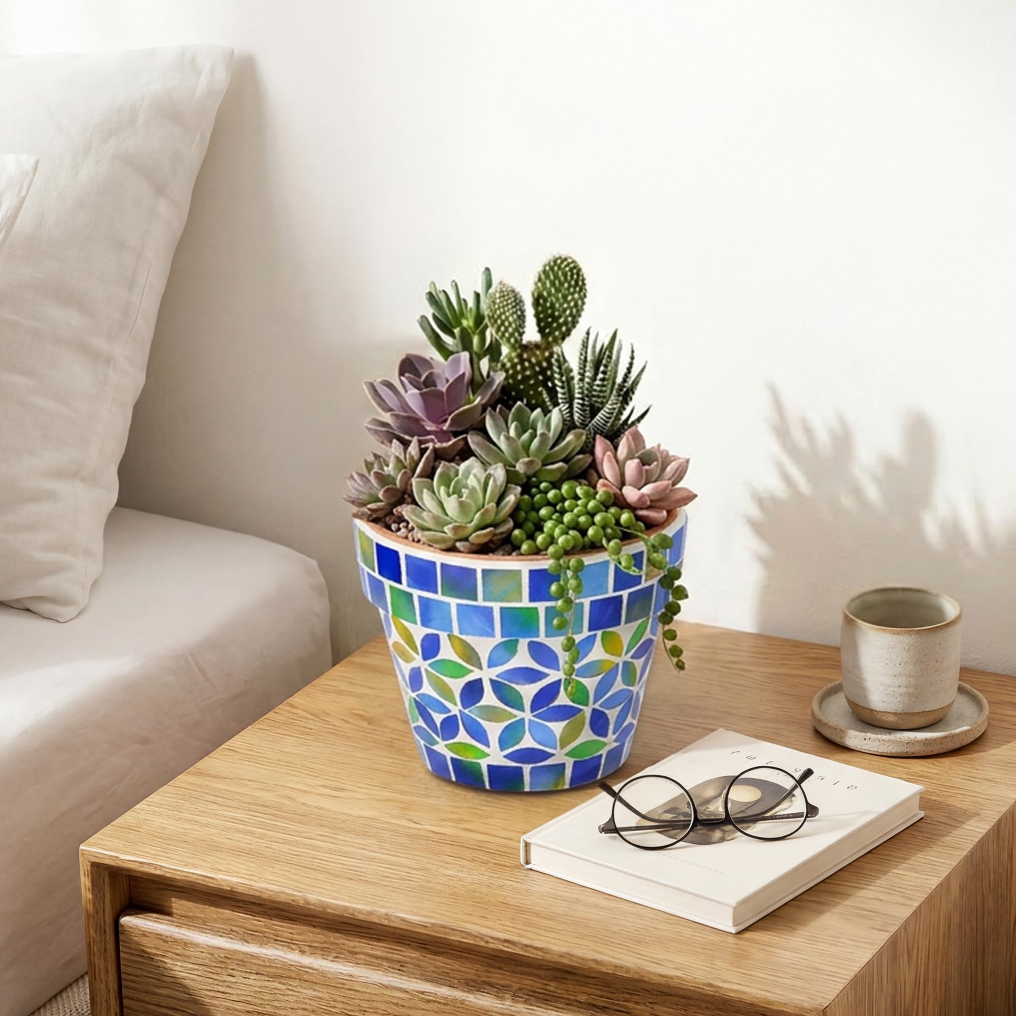 Kleiner Mosaik Blumentopf Blumentöpfe Keramik Pflanzgefäß mit Drainageloch Kleiner Keramiktopf für Innen Außen Pflanzen Sukkulenten Töpfe Blau mit Blumen Design