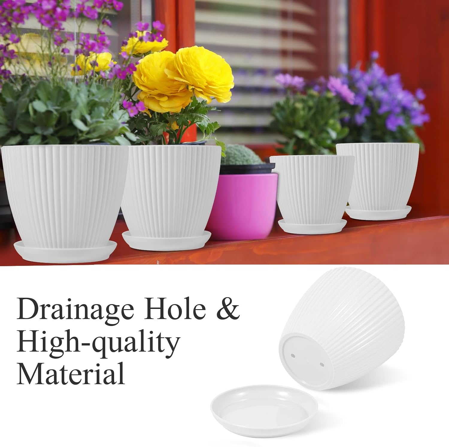 7 Inch Large Plant Pots, 6 Pack Flower Pots with Drainage Hole and Tray Saucer Plastic Plant Pot for Outdoor Indoor House Plants and Flowers Herbs (White)