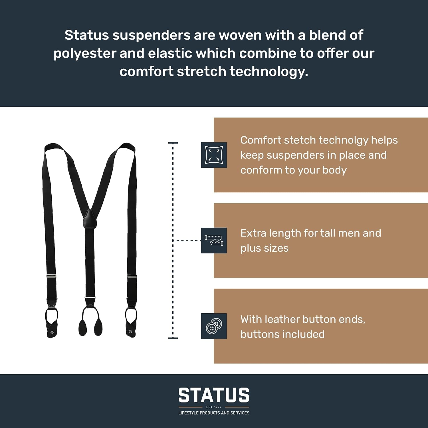 Status Men's Tall Plus Size Suspenders 11/4 Inch Poly Elastic 54 Inch Leather Button Ends, Black, One Size