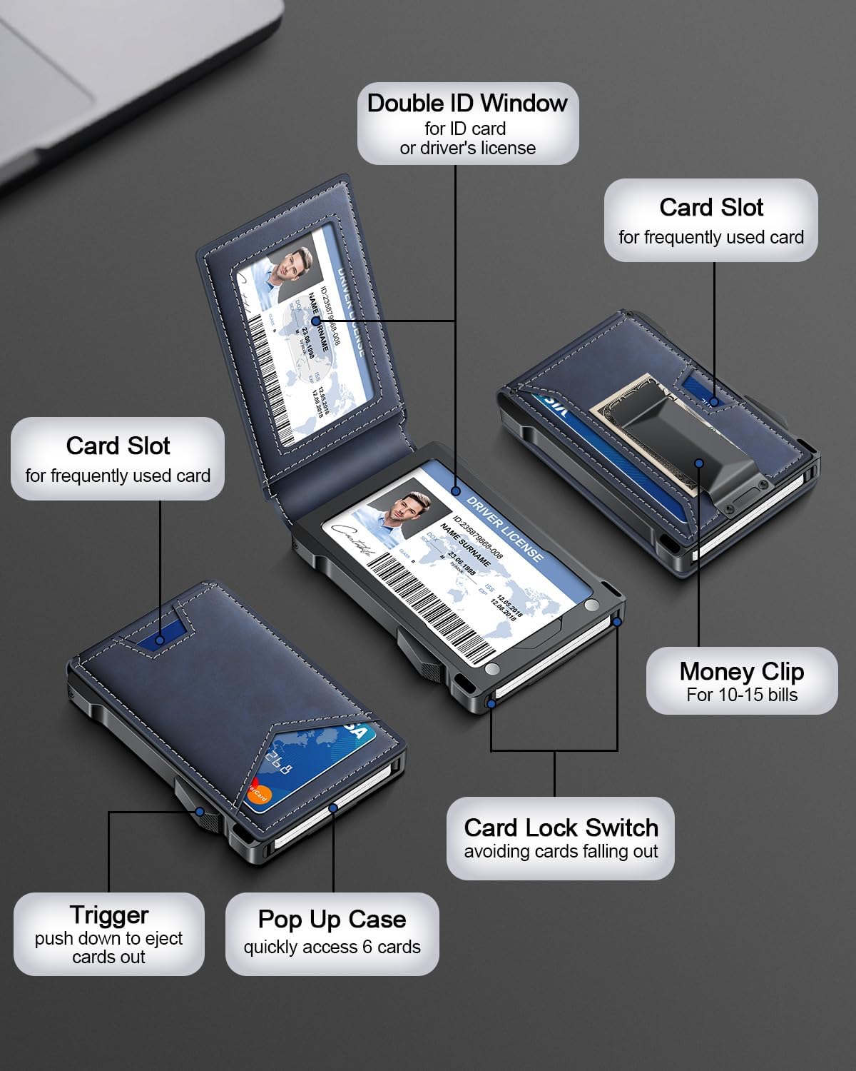 Wallet for Men RFID Wallet with 2 ID Windows & Money Clip, Slim Pop Up Card Holder for 10-12 Cards, Bifold Minimalist Smart Wallet for Front Pocket, Compact Metal Credit Card Holder, Gifts for Men - imagen 2