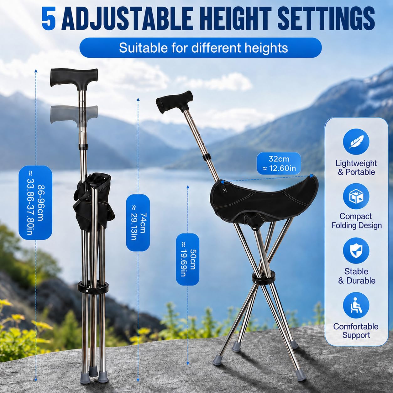 Canne Siège & Lampe de Poche LED, Réglable 74-96 cm, Canne de Marche Pliante Légère pour Seniors, Capacité 150 kg, Idéale pour Quotidien, Randonnée et Activités en Plein Air (Piles Non Incluses)