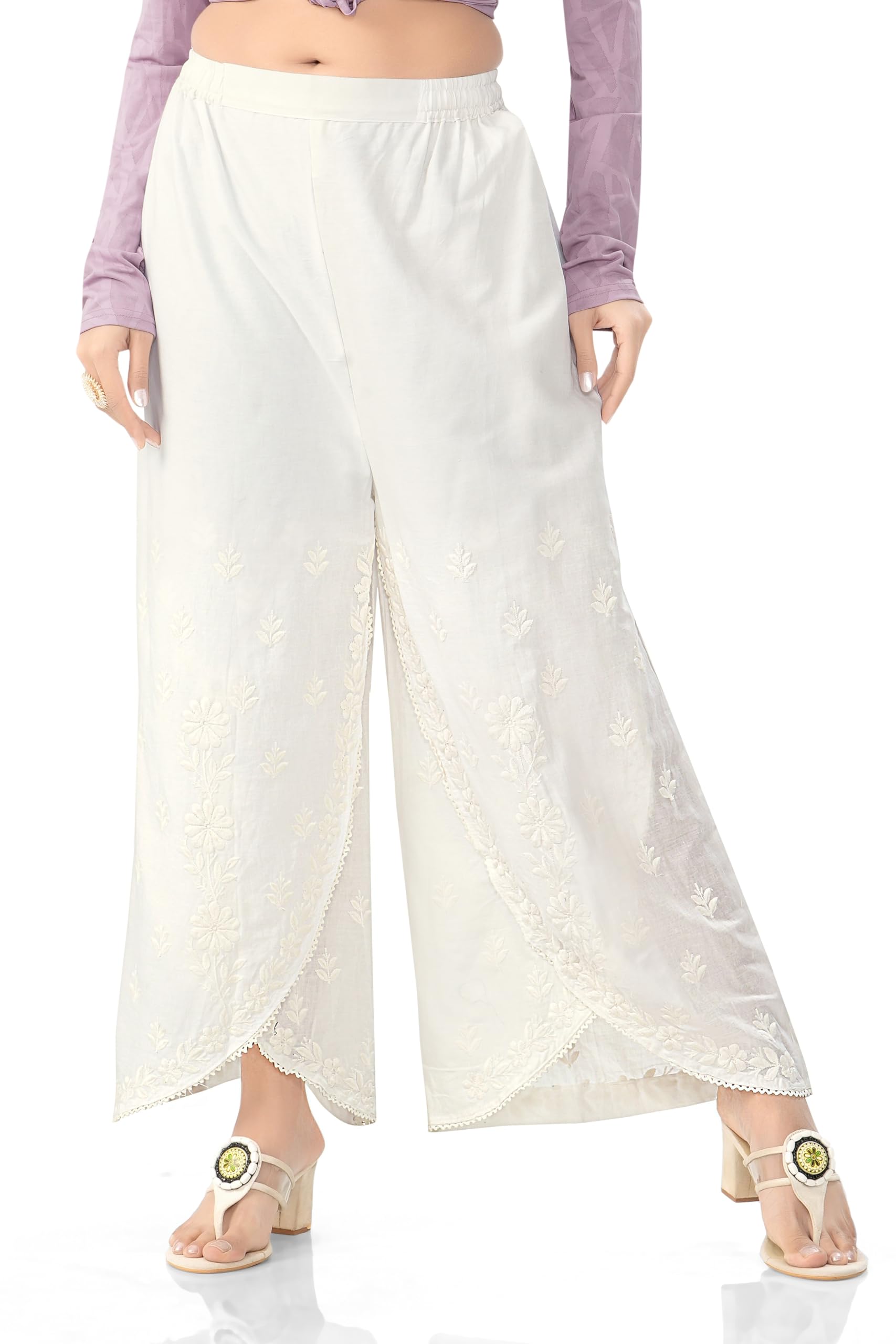 Women's White Cotton Palazzo Pants with Floral Lace Embroidery, High Rise, Elastic Waist, Regular Fit, Size-picture-41