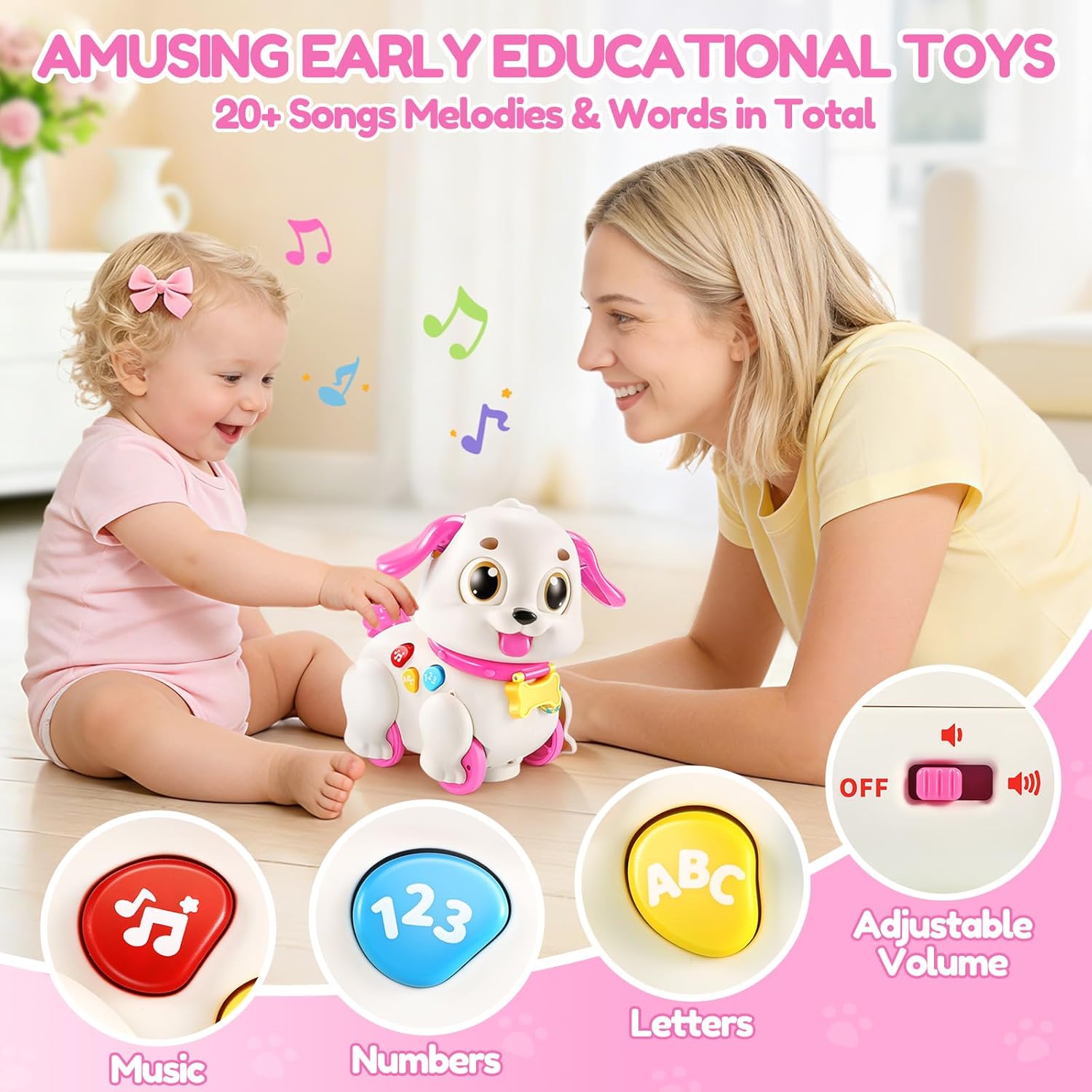 LUDILO Musical Puppy Toys for 1 Year Old Girl Gifts, Learning Educational Crawling Infant Baby Toy 6-12-18 Months, Pull Along Baby Toddler Girl Toys Gifts for 1 2 3 Year Old Girls 1st Birthday Present