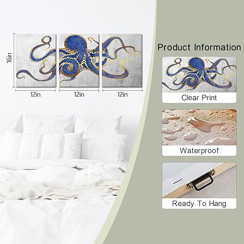 Miniatura 5 de 3 piezas de arte de pared de pulpo, color azul marino, estampado de animales marinos sobre lienzo, póster de vida oceánica para baño, dormitorio,