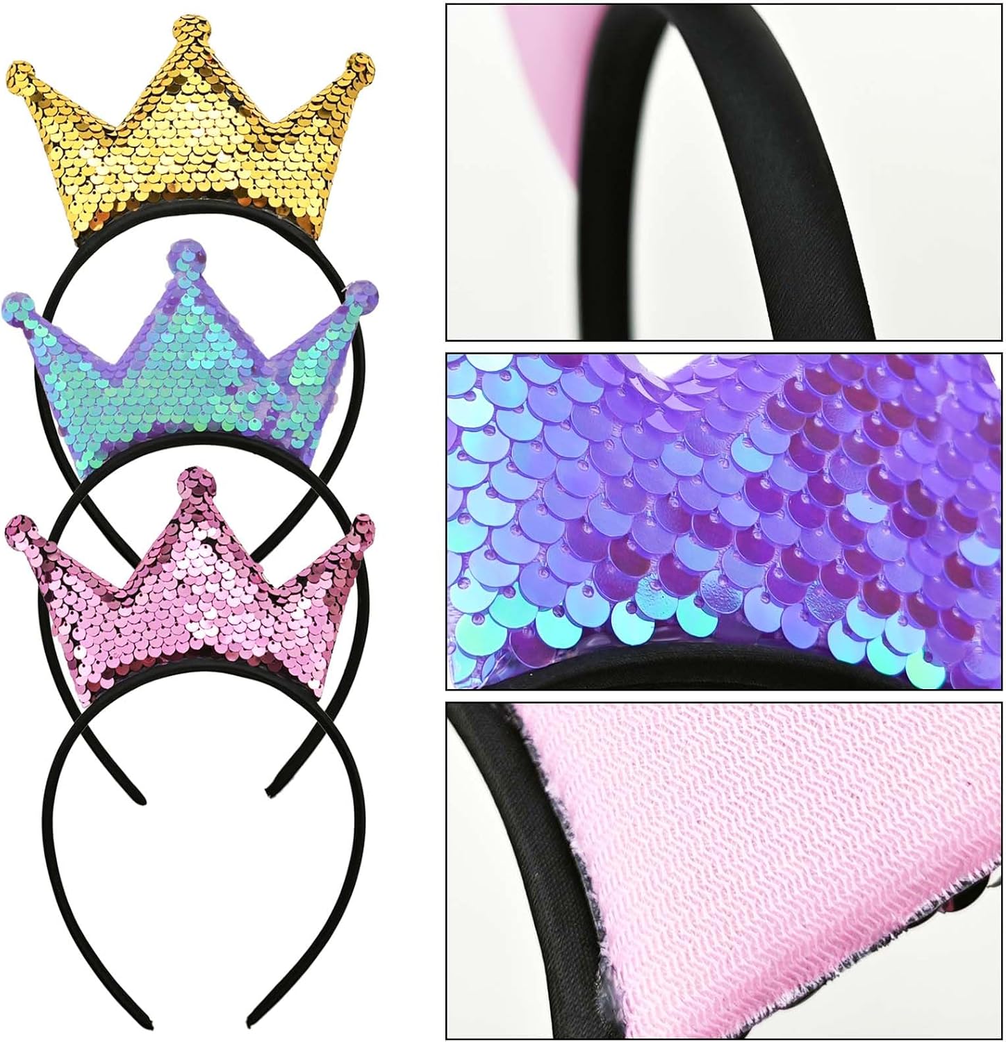 3 PACK Sequins Crown Headband, Queen Crown Headband, Women Hair Band Accessories, Cute Hair Accessories Fit Women Party Take Photos Decorations(3 Colors) - Image 3