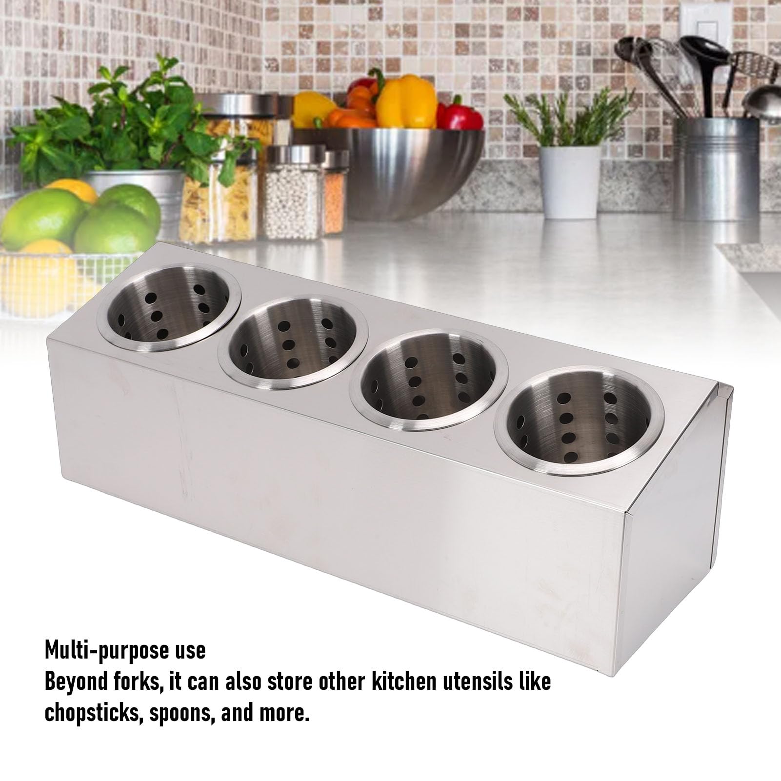 Soporte para Utensilios de Encimera de Acero Inoxidable, Organizador de Cubiertos con Cilindros de Drenaje Desmontables, Carrito de Almacenamiento de Cubiertos para Tenedores (4 compartimentos)