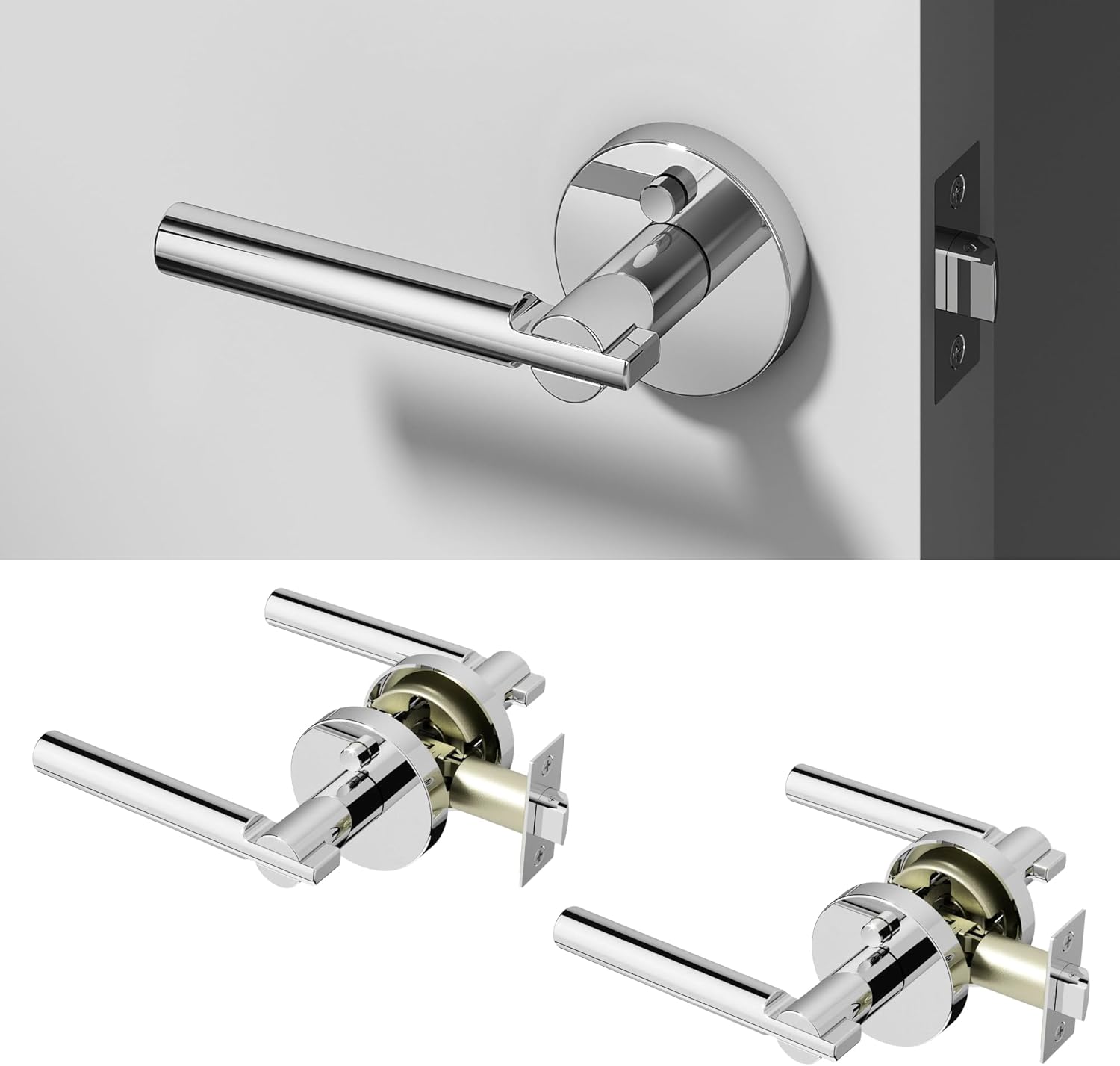 Okun Terra 2-Pack Chrome Privacy Door Levers – Push Button Lock, Reversible, Sleek Concealed-Mount Design for Bedroom & Bathroom
