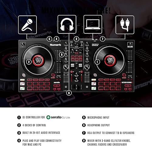 Miniatura 10 de Numark Mixtrack Platinum FX Controlador para DJ, para Serato DJ, con control de 4 cubiertas, mezclador, interfaz de audio incorporada, rueda con