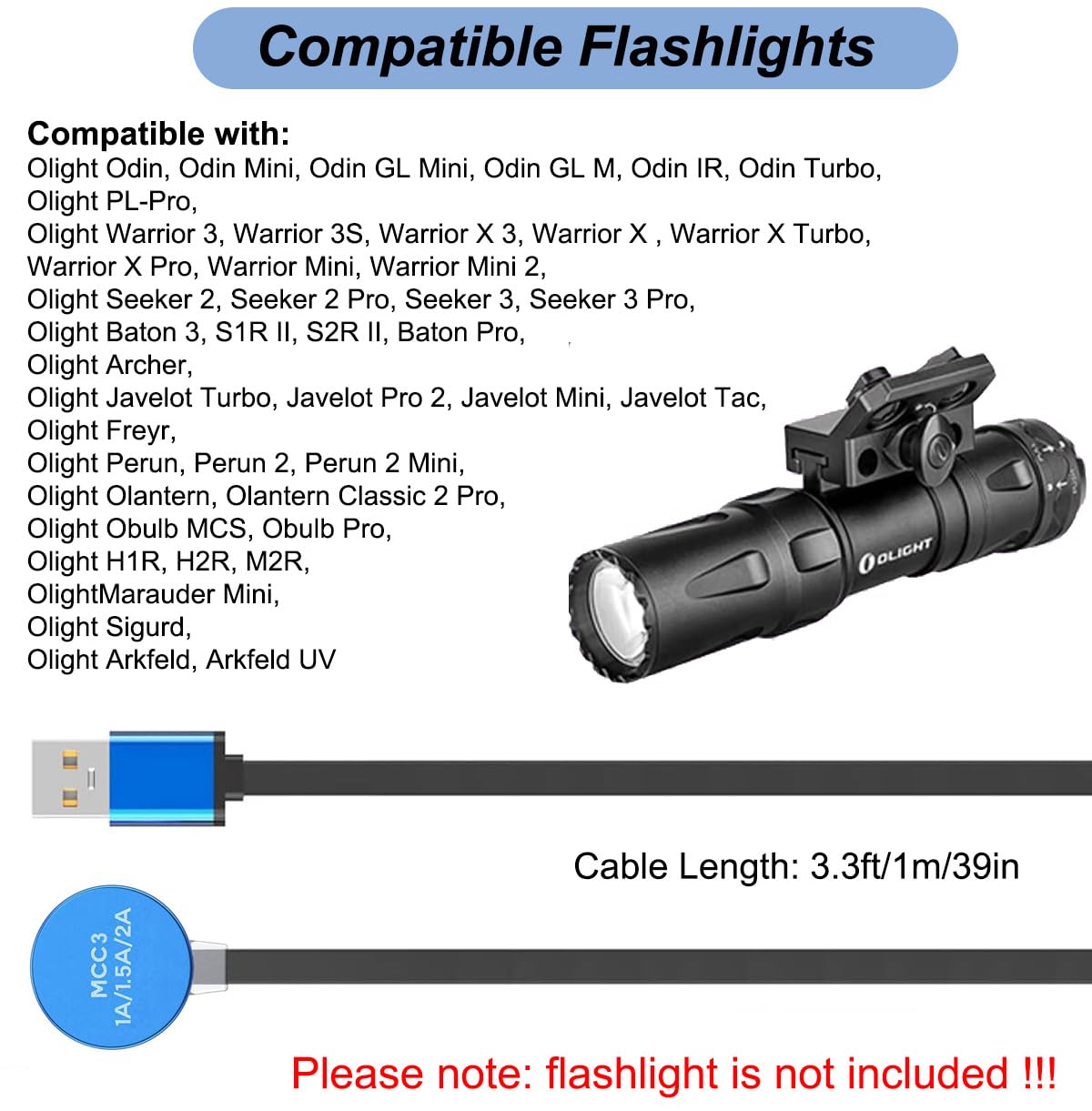 Universal Olight Charger Cable - 3.3ft Replacement USB Charging For Flashlights & Lights