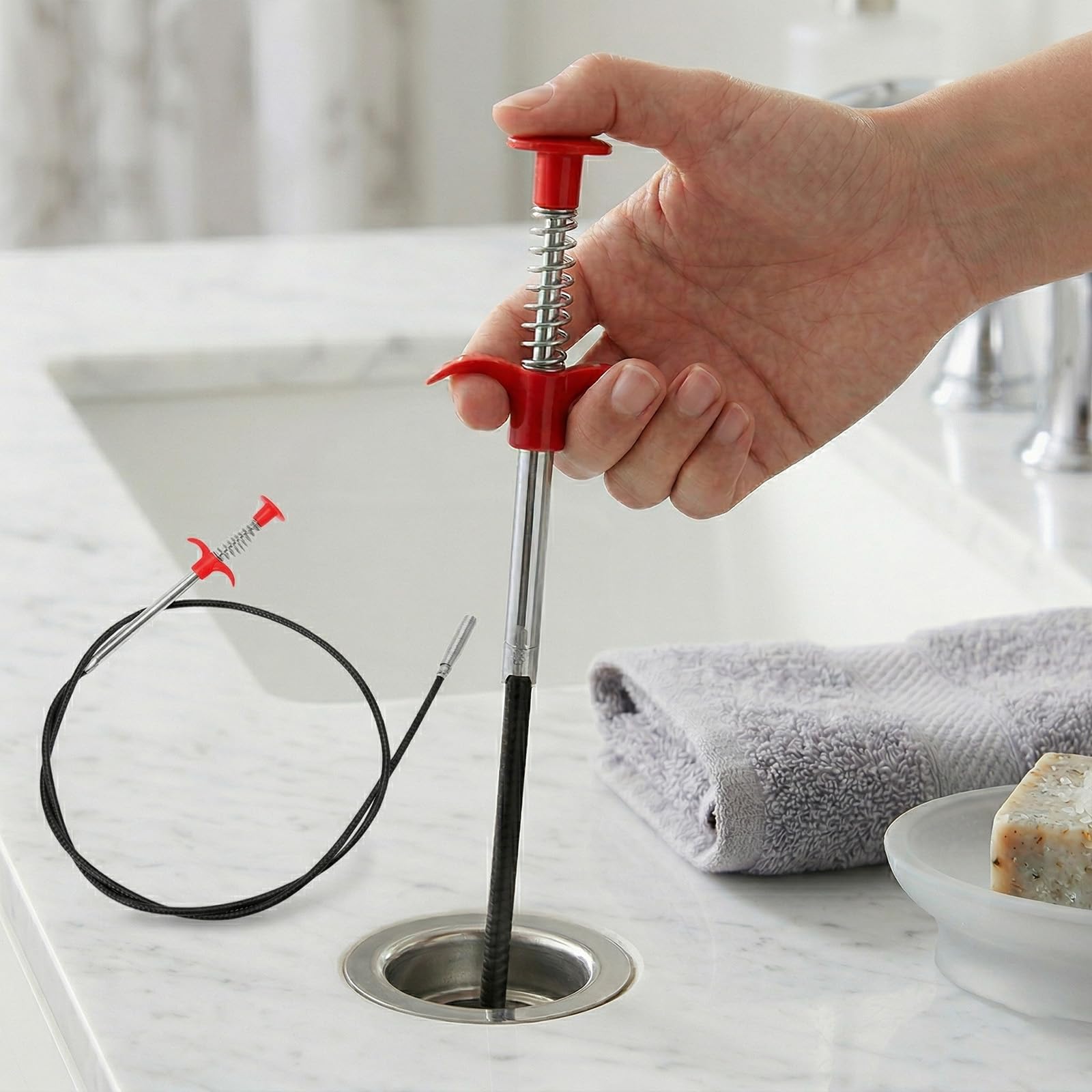 Strumento di rimozione degli intasamenti dello scarico, 63,5 cm, flessibile, pieghevole, per la pulizia degli scarichi di WC, fogna, doccia, cucina, bagno e vasca intasati