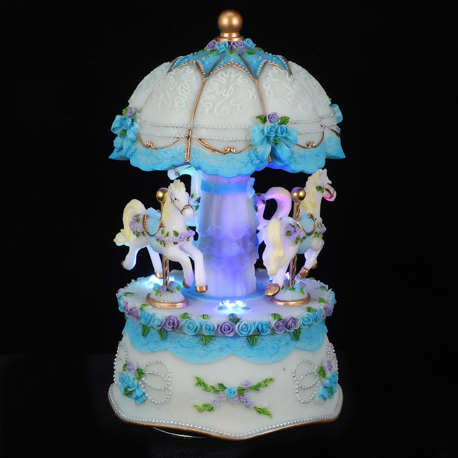 GLEAVI Boîte à Musique Carrousel Rotatif avec Chevaux Figurines et LED Lumière Colorée Cadeau pour Garçon Fille Anniversaire Fête de Noël sans Piles