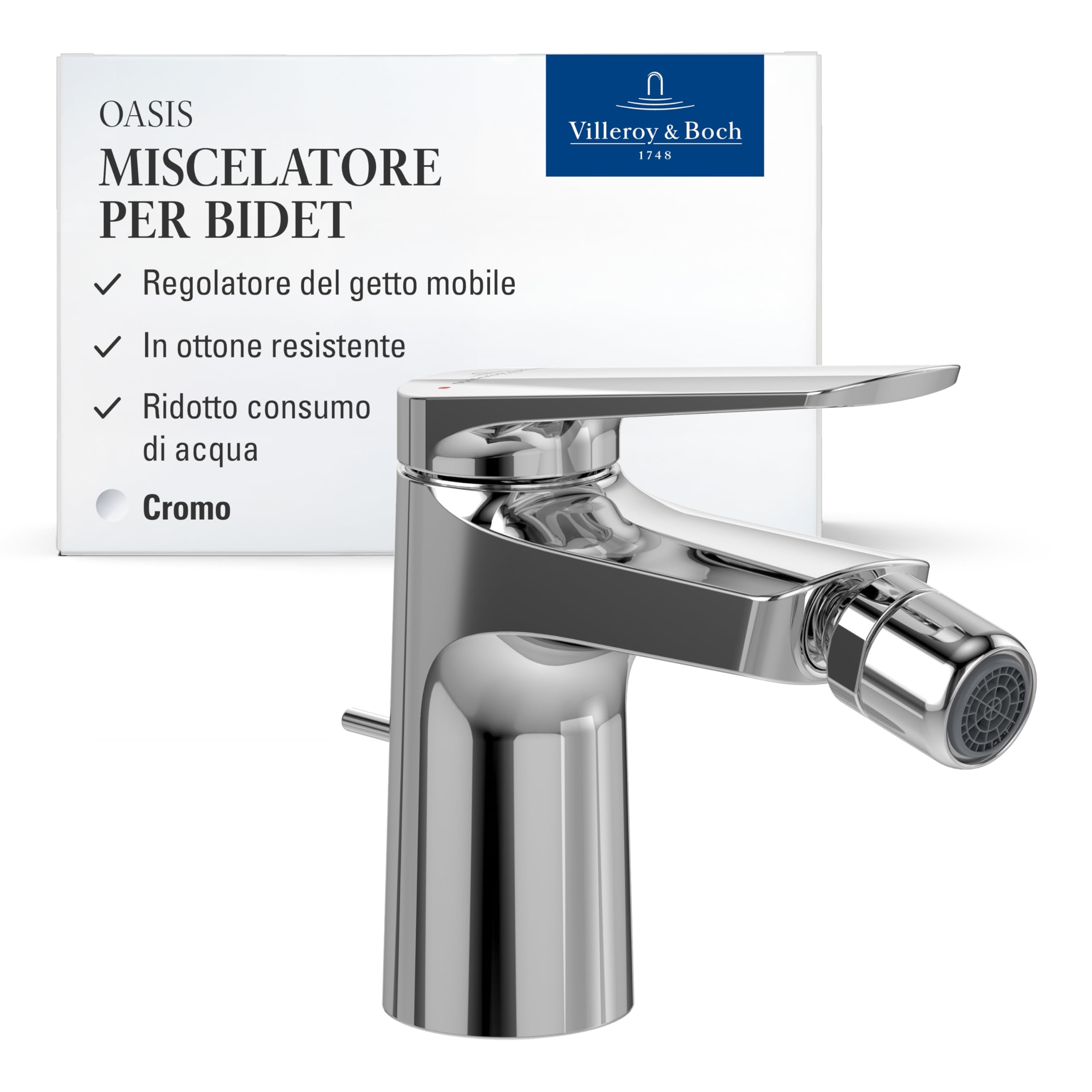 Villeroy & Boch Oasis rubinetto monocomando - miscelatore bidet con asta e cartuccia in ceramica - miscelatore bidet a risparmio - rompigetto mobile - altezza bocca 73mm - cromato