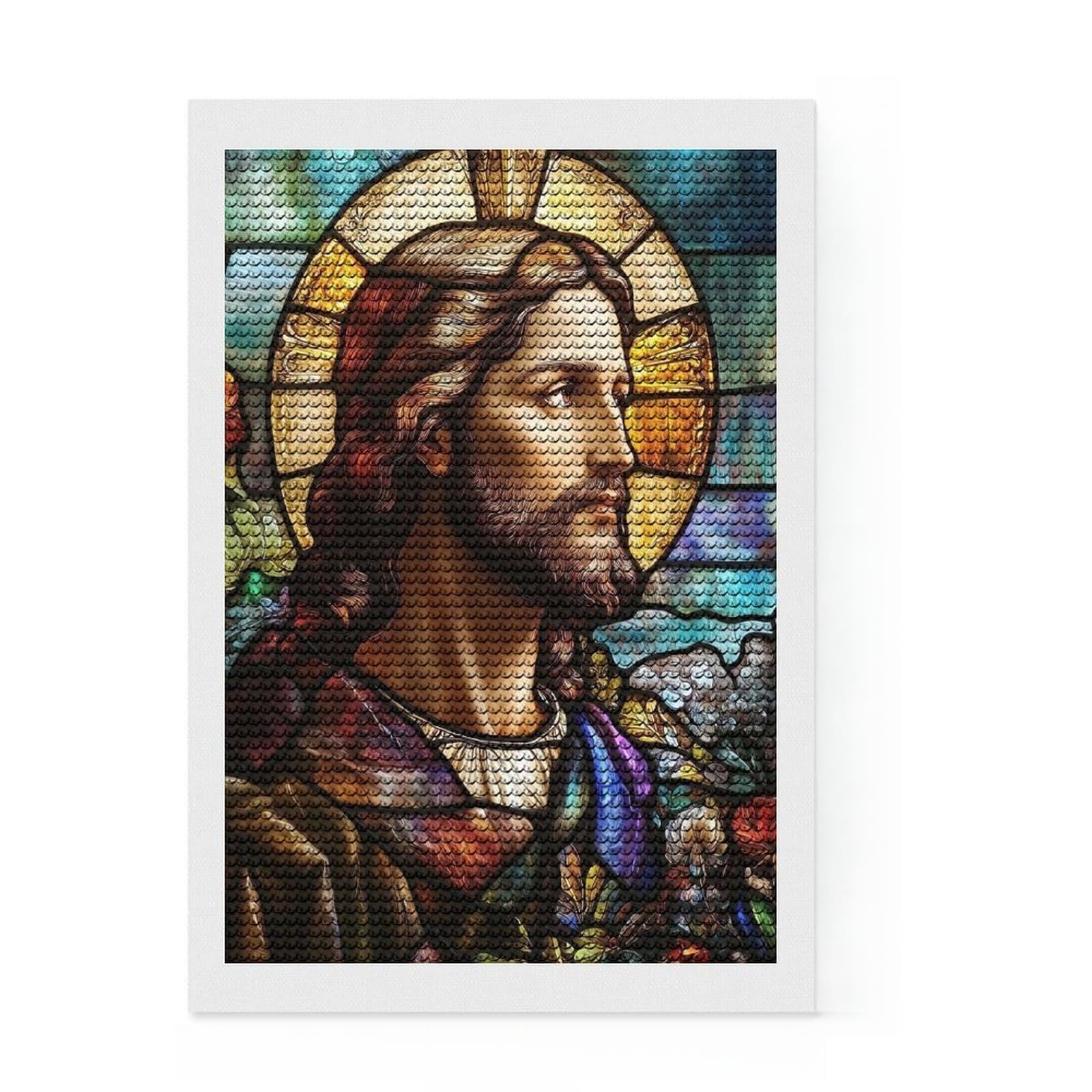 Junmoney Stained Glass Jesus DIY Diamond Art Canvas Kit 8"x12", Birthday Gift, Vintage Style Decor, for Beginners, Artistic Hobby