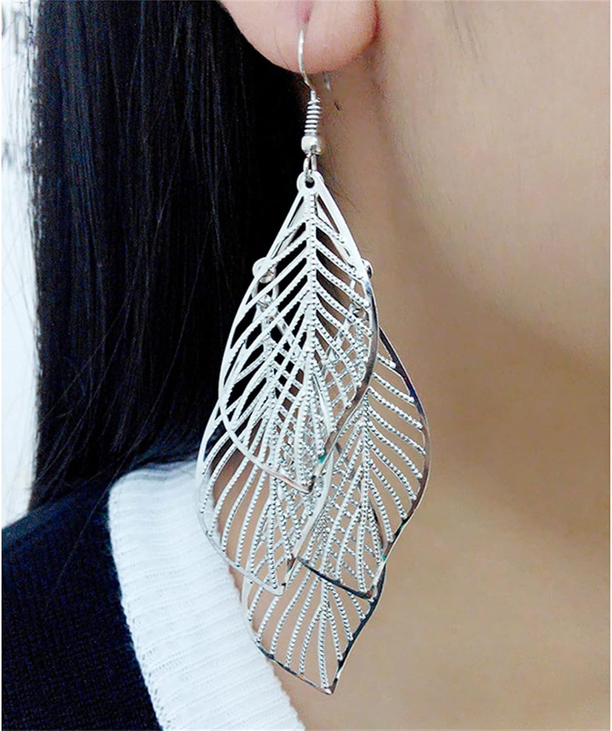 coadipress Bohemian Layered Filigree Leaf Earrings for Women Handmade Silver Gold Plated Big Boho Lightweight Chandelier Hollowed Out Leaves Dangle Drop Earrings - Image 2