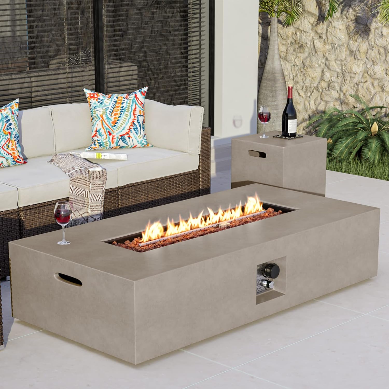COSIEST 2-Piece Outdoor Propane Fire Table Set, Certified, Rectangle Concrete 56" Rectangular Gray Fire Pit (50,000 BTU) w 20lb Tank Table,Waterproof Cover for Garden, Porch, Backyard