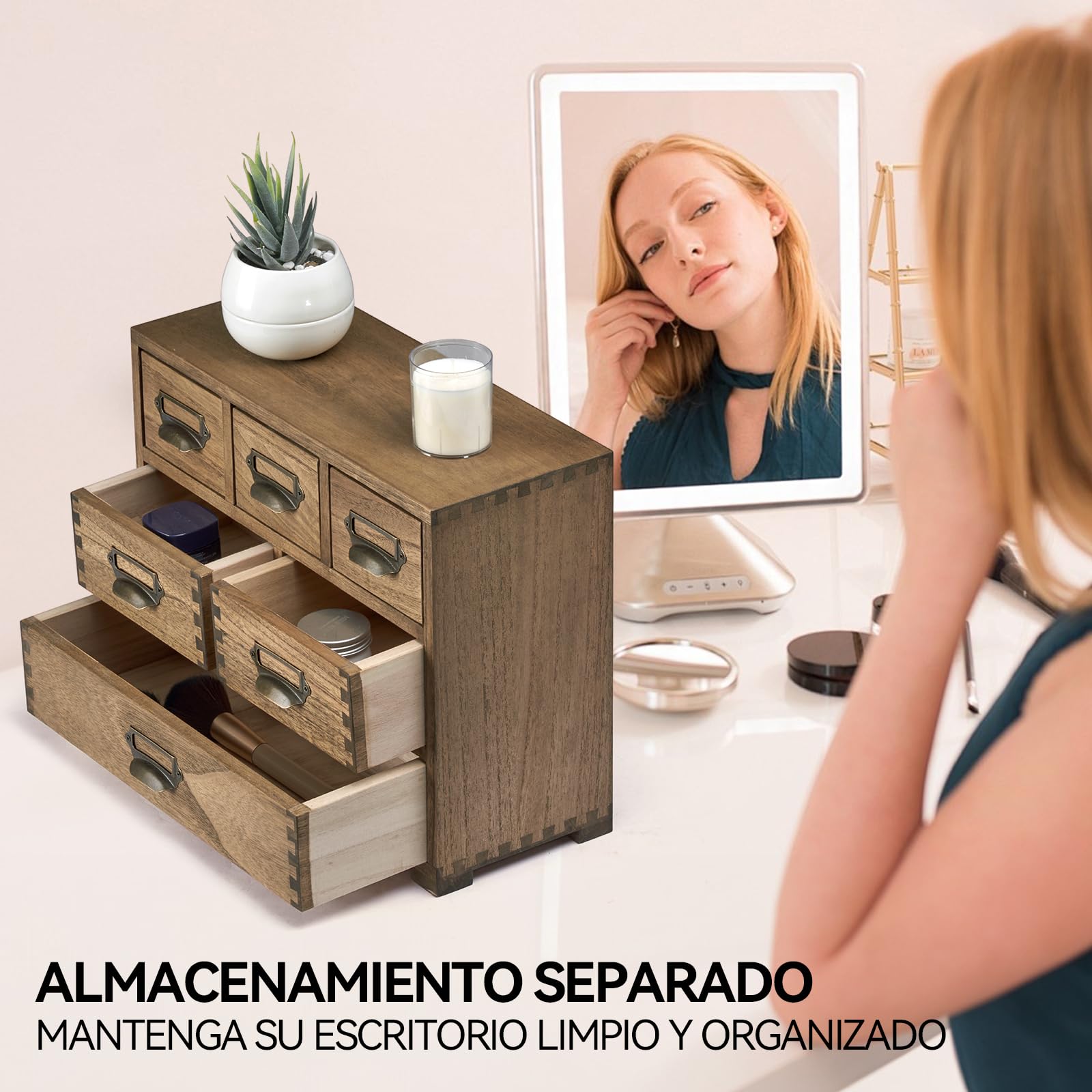 KIRIGEN Organizador de Escritorio, Minicajonera de Madera, Marrón oscuro | 6 cajones, paulownia maciza, 35,7 x 14,2 x 28,1 cm, artesanal, montada, ensambles de mortaja y espiga, aceite vegetal