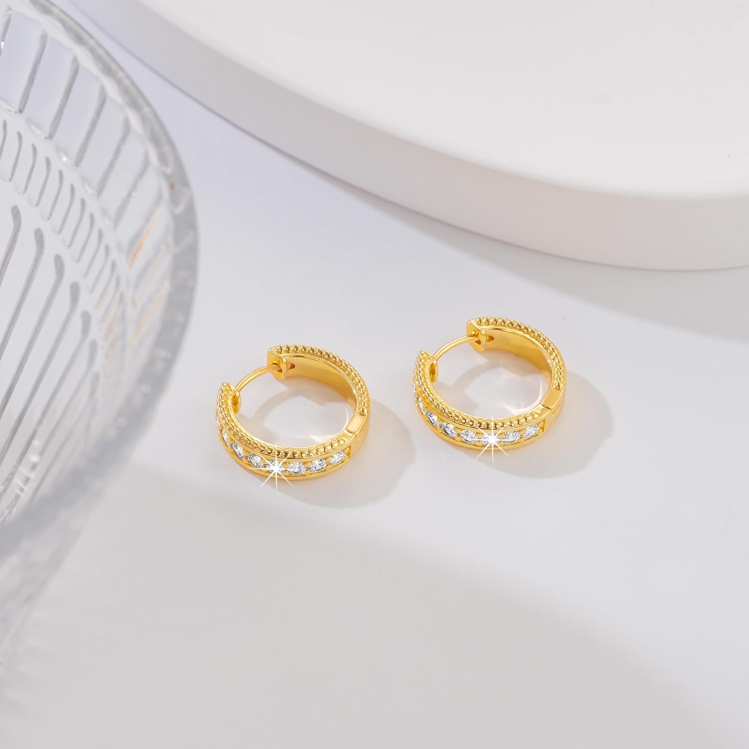 Gold Hoop Earrings for Women 14K Gold Earrings for Women Hoop Earring for Womens Beaded Texture for Vintage Vibe Elegant Cubic Zirconia Earring Hoops Trendy - Image 8