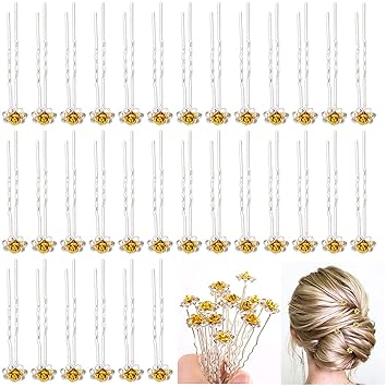 TopFinder 12pc/Set Golden Artificial Stylish Juda Pin Full Flower Fancy Design Decoration Style Hair brooch Flowers Bridal Wedding Party Clips Accessories for Girls Women